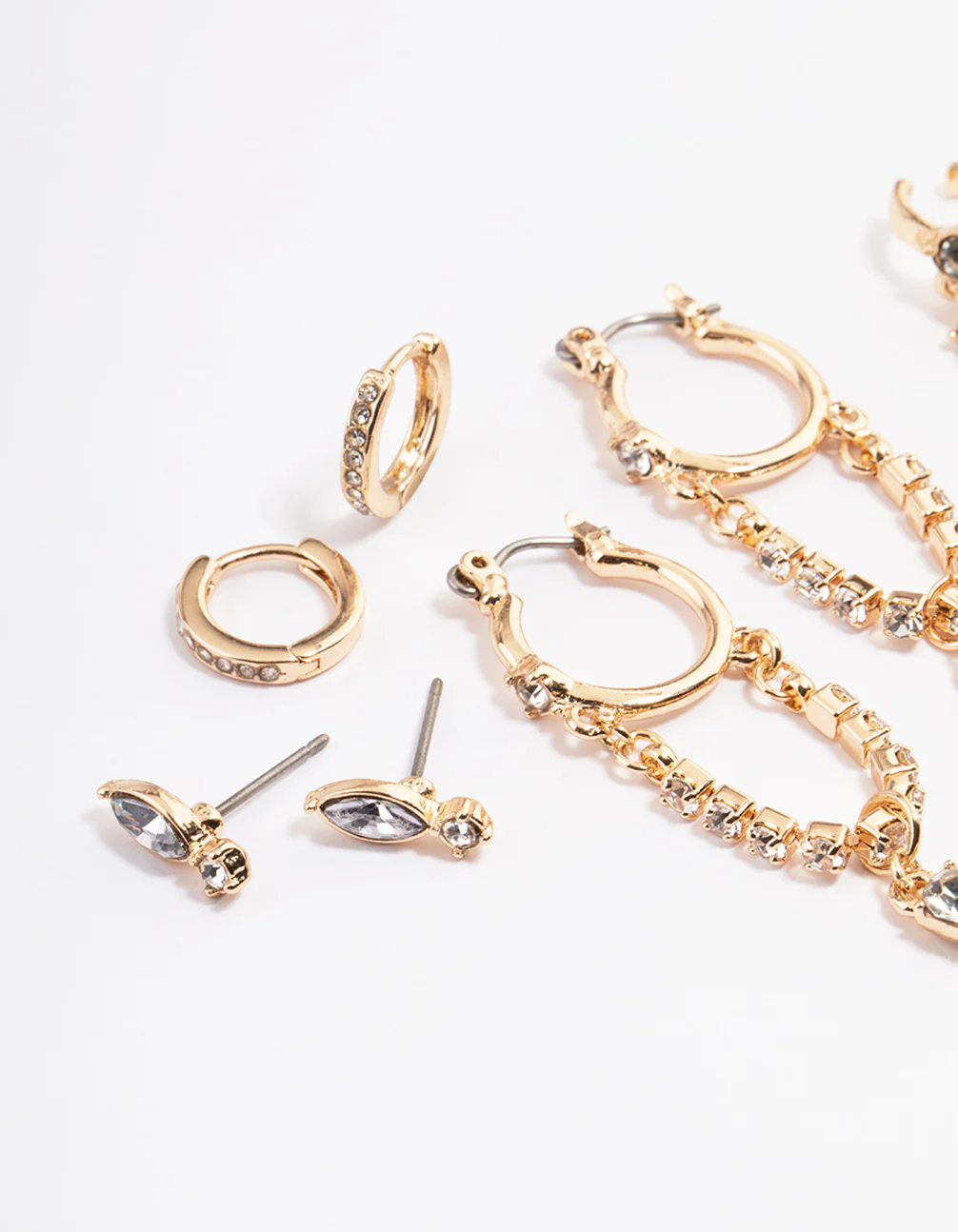 Gold Diamante Chain Drop Hoop Earrings 4-Pack - Image 2