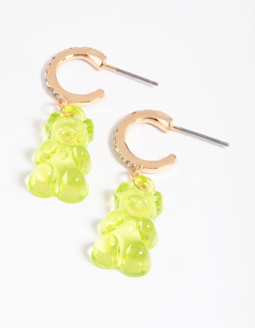 Gold Diamante Green Cute Bear Earrings - Image 2