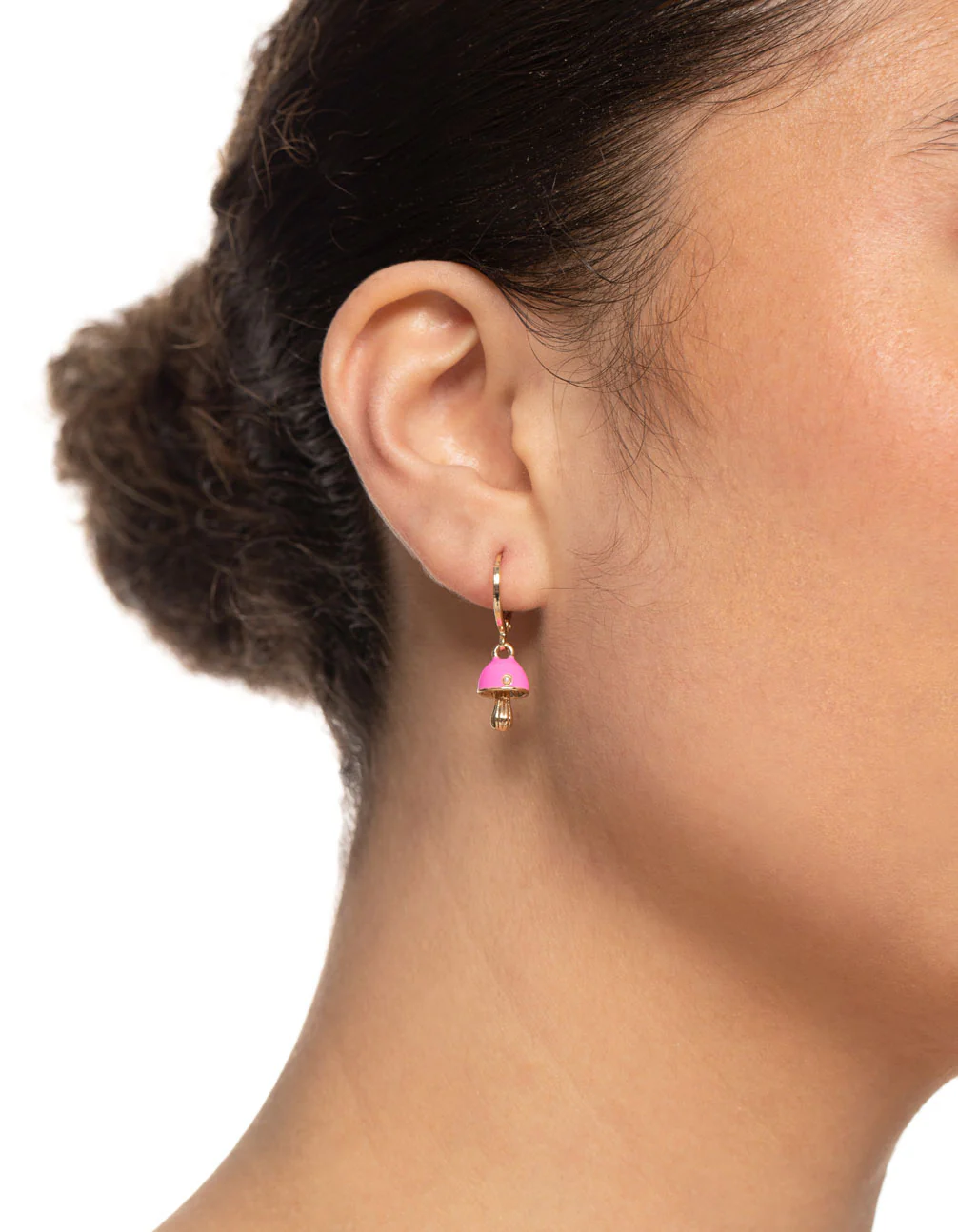 Gold Neon Pink Mushroom Huggie Earrings - Image 2