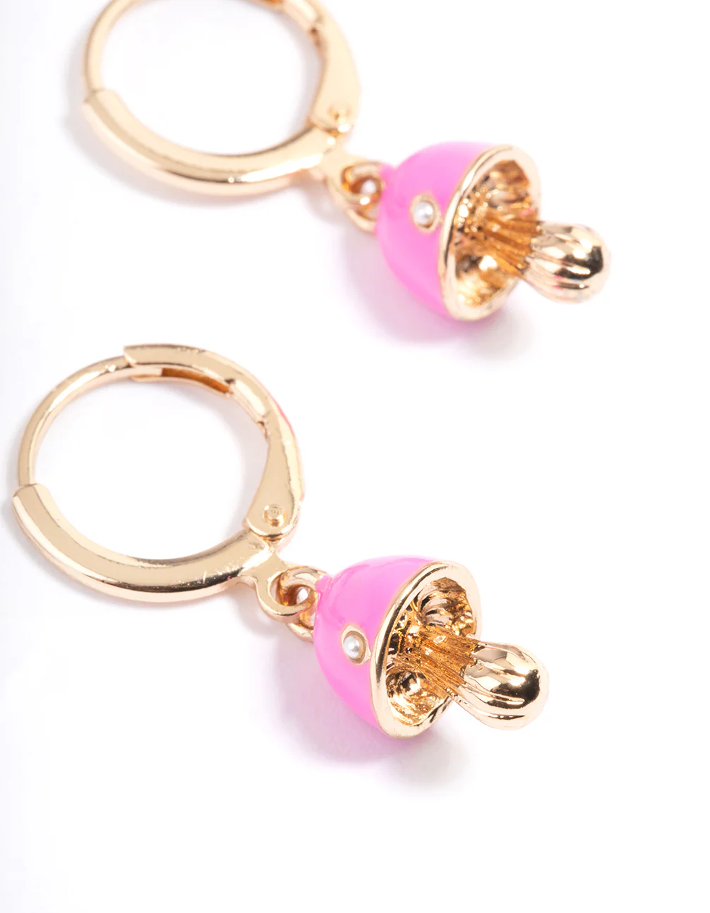 Gold Neon Pink Mushroom Huggie Earrings - Image 4