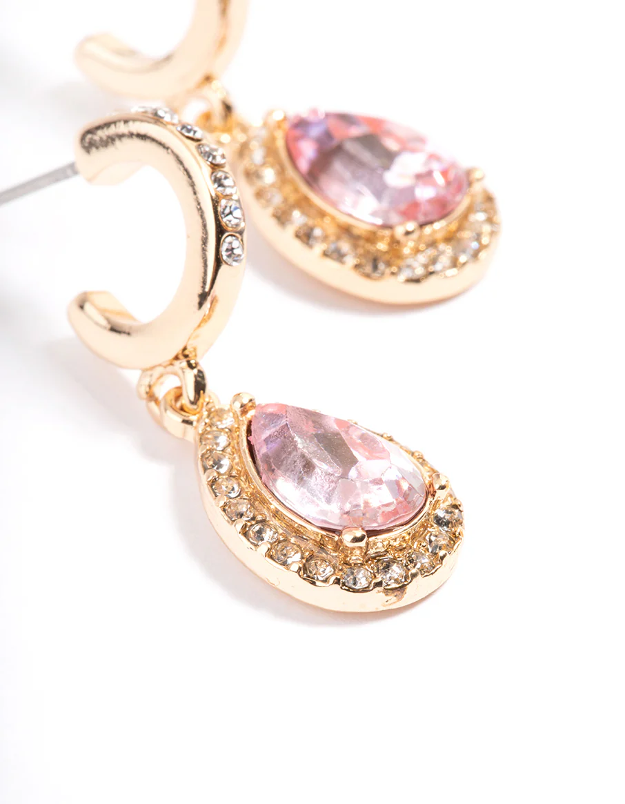 Gold Pink Oval Halo Earrings - Image 4