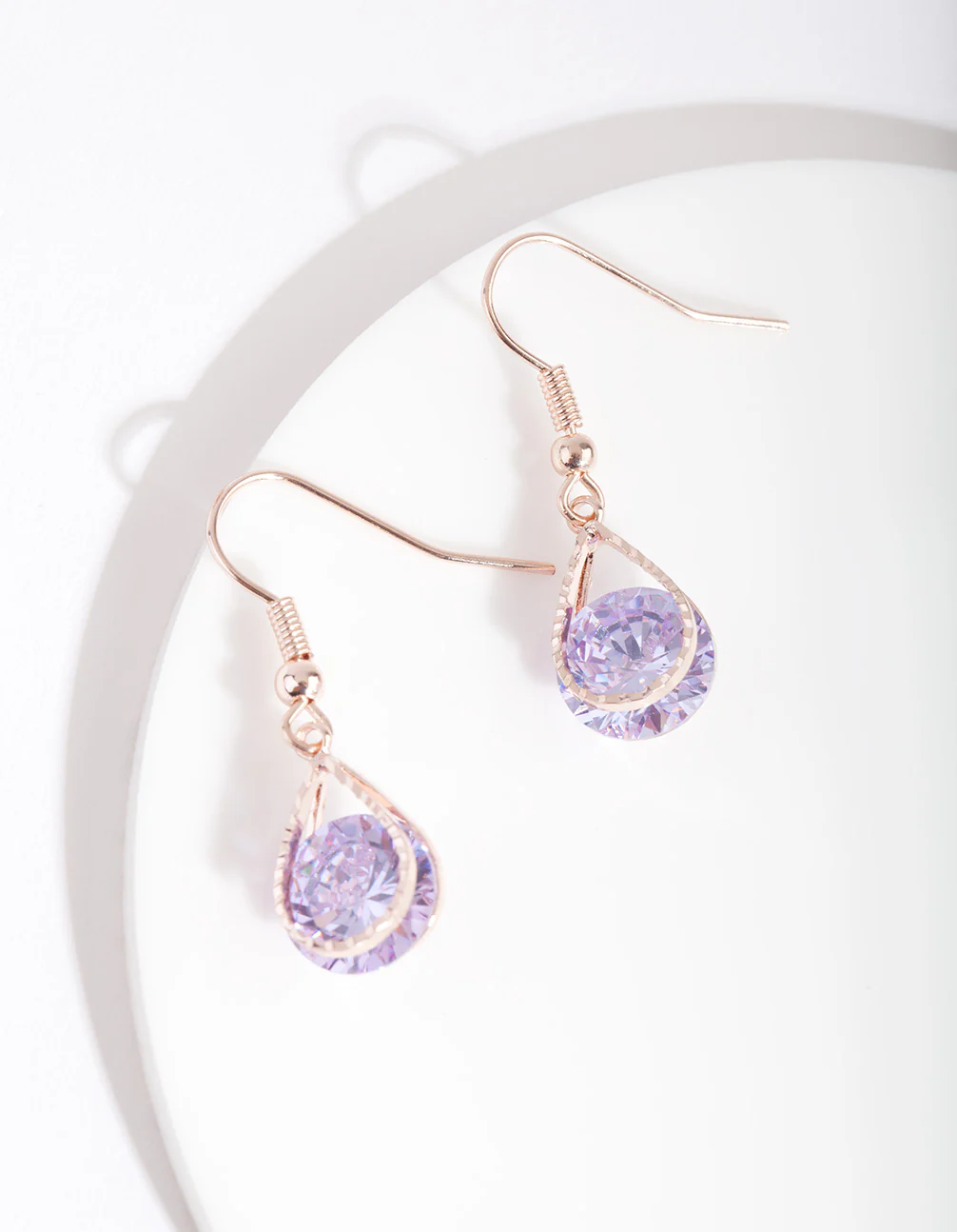 Rose Gold Cubic Zirconia Purple Diamante Teardrop Earrings