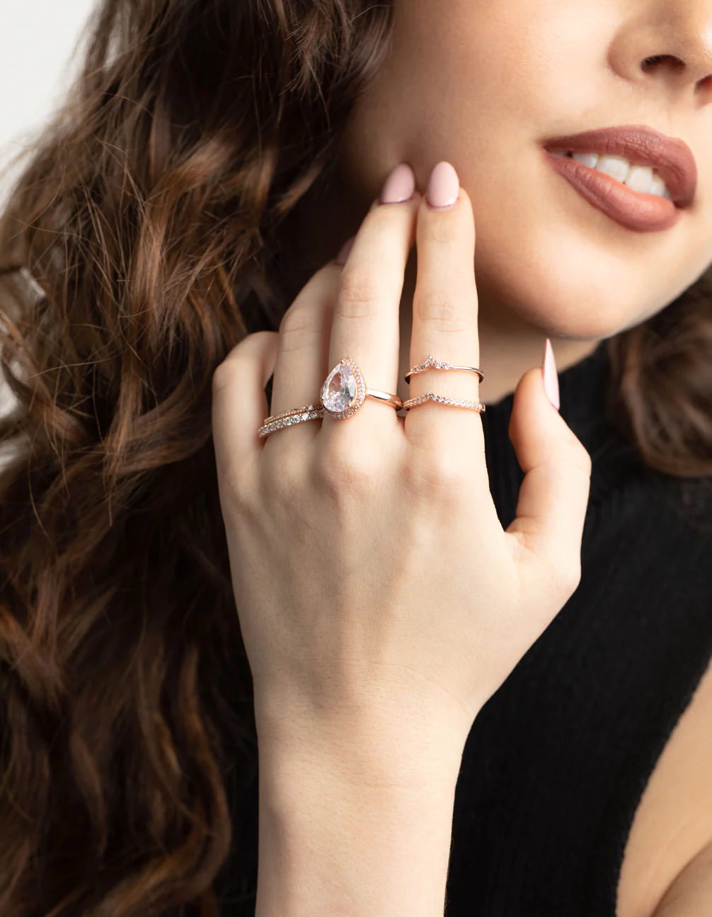Rose Gold Cubic Zirconia Pear Ring 5-Pack - Image 5