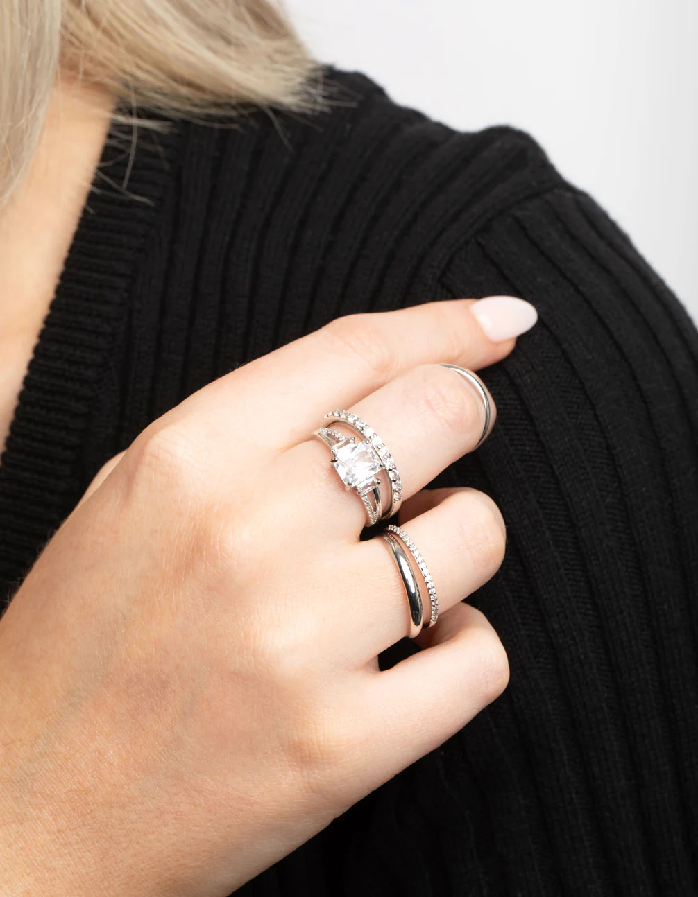 Silver Cubic Zirconia Emerald Cut Ring Stack Pack - Image 2