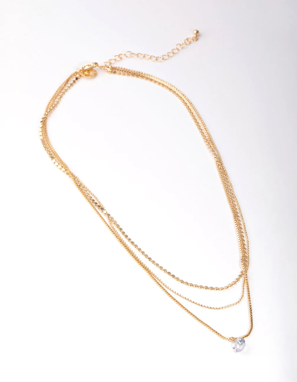 Gold Cubic Zirconia Chain Droplet 3-Row Necklace - Image 2