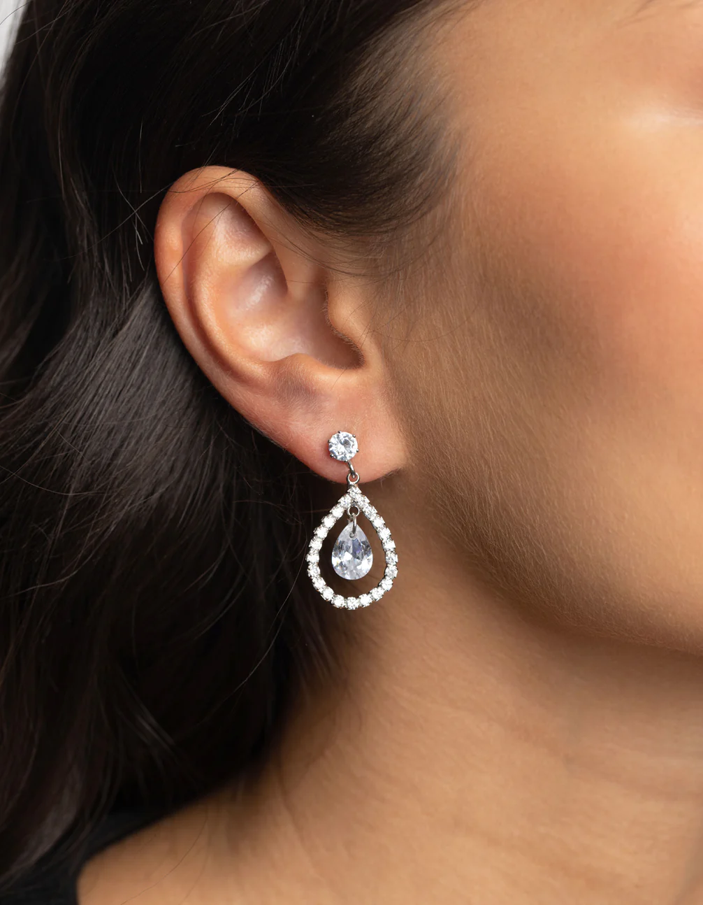 Silver Cubic Zirconia Pear Earrings - Image 2