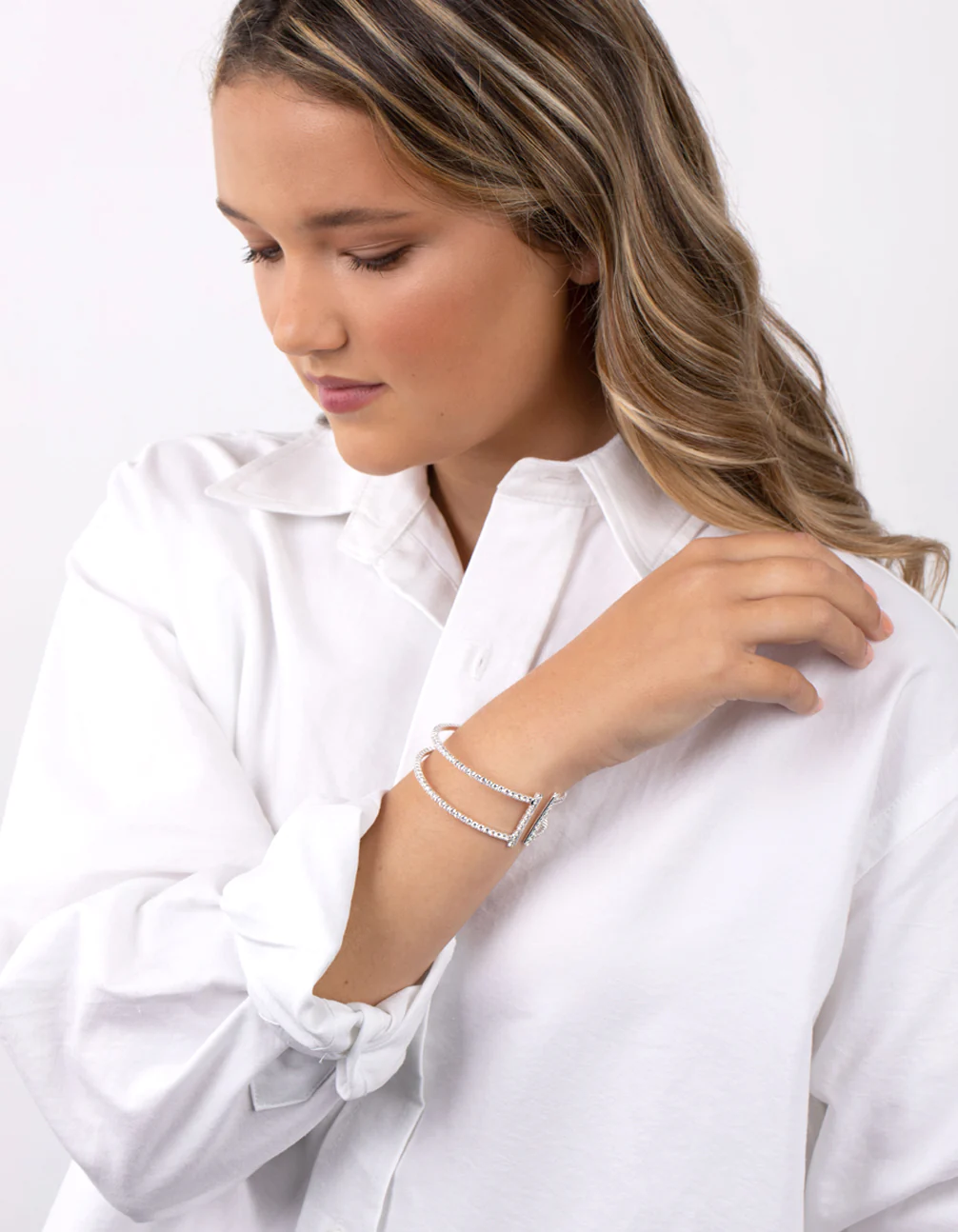 Silver Cubic Zirconia Row Cuff Bracelet - Image 4