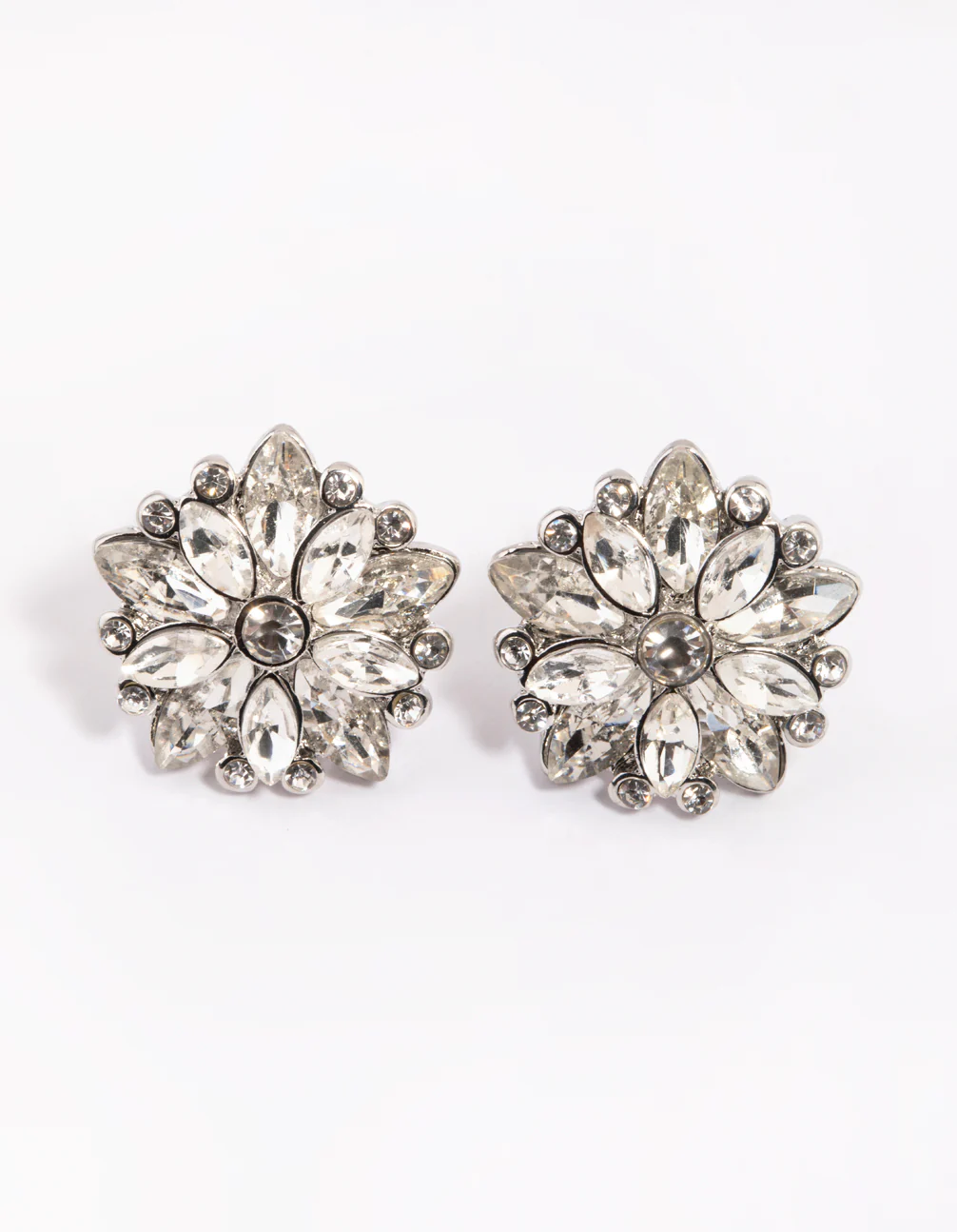 Rhodium Diamante Flower Stud Earrings