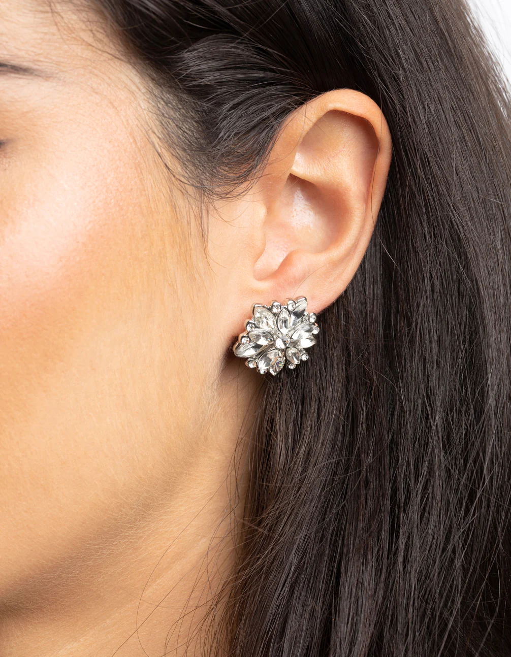 Rhodium Diamante Flower Stud Earrings - Image 2