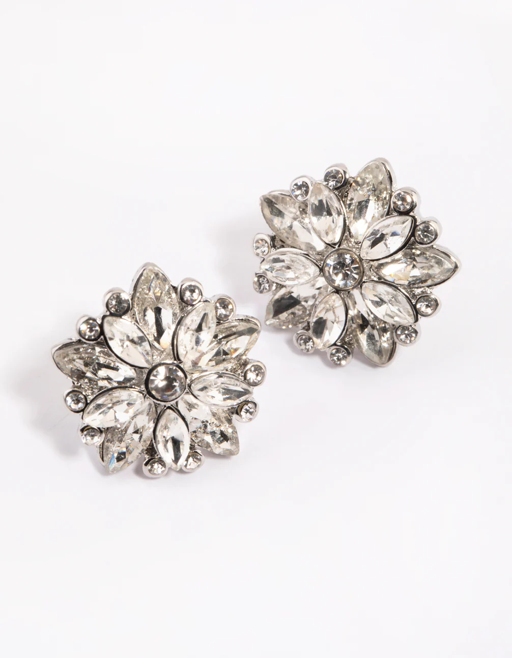 Rhodium Diamante Flower Stud Earrings - Image 3