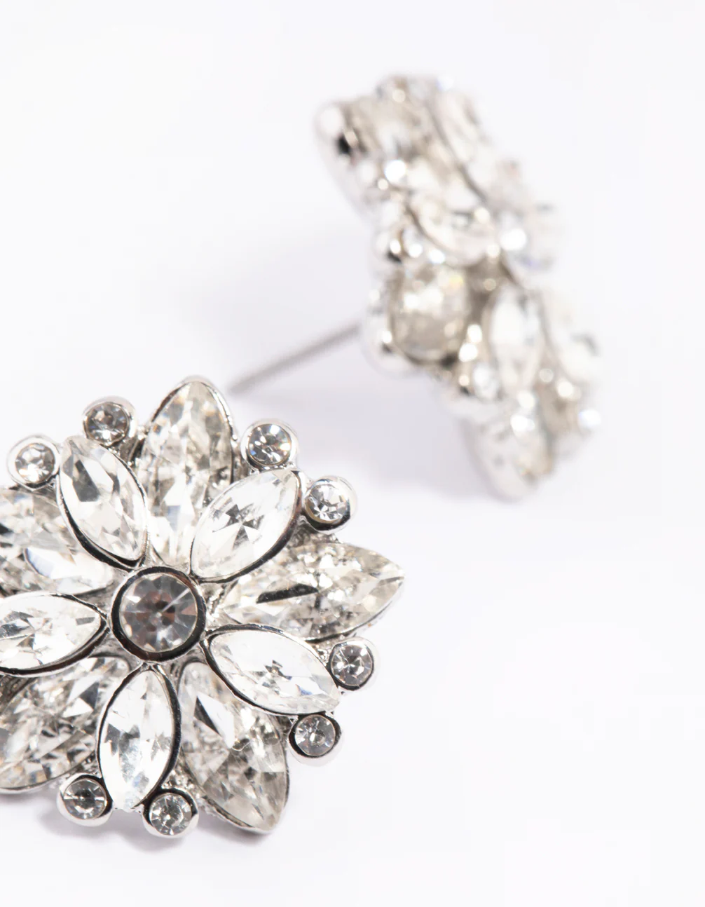 Rhodium Diamante Flower Stud Earrings - Image 4