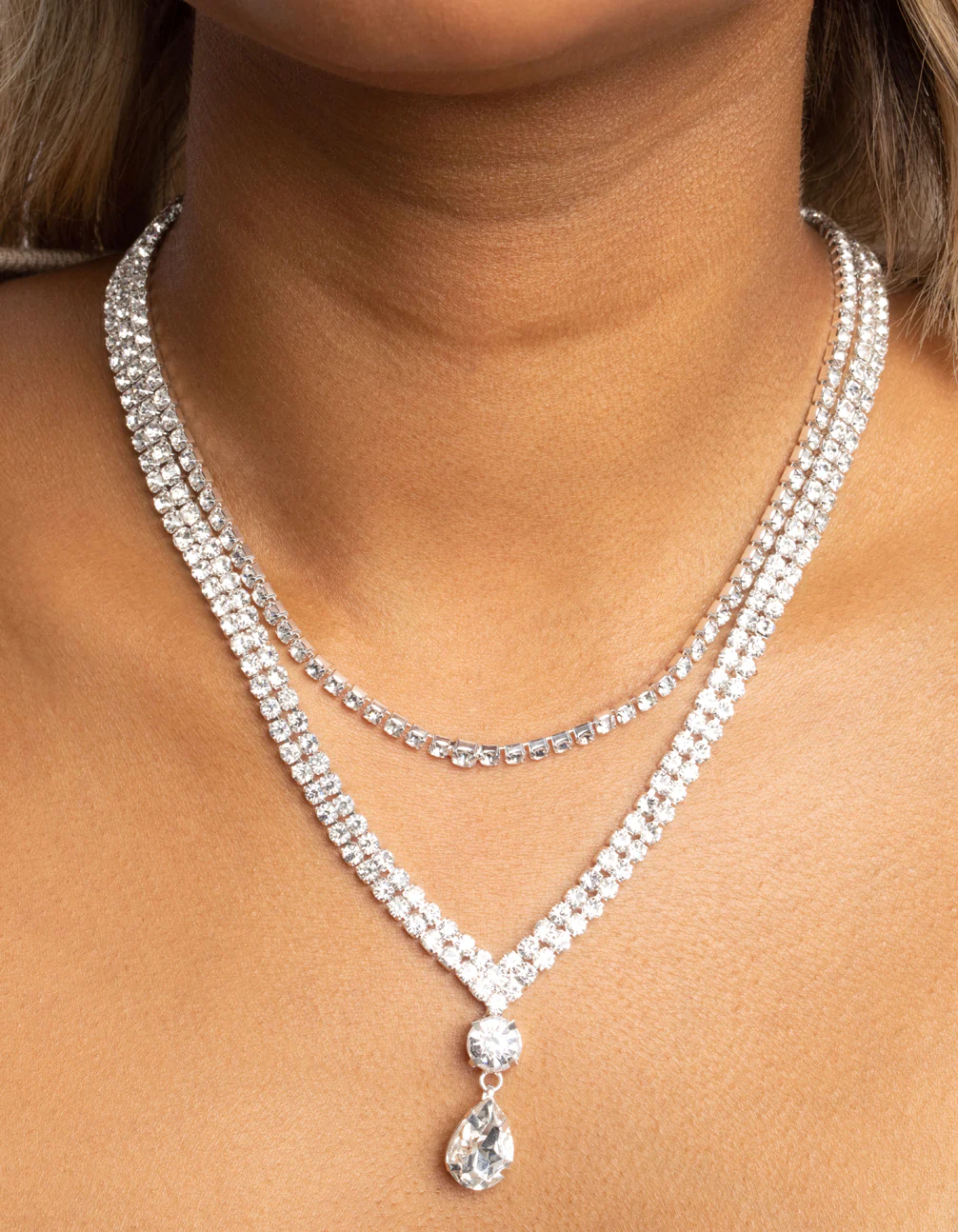 Silver Diamante Teardrop Layered Necklace - Image 2