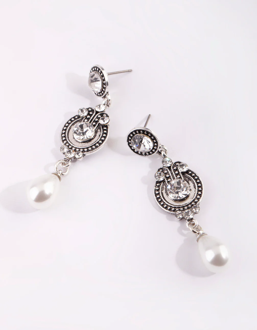 Silver Diamante & Pearl Drop Earrings - Image 2