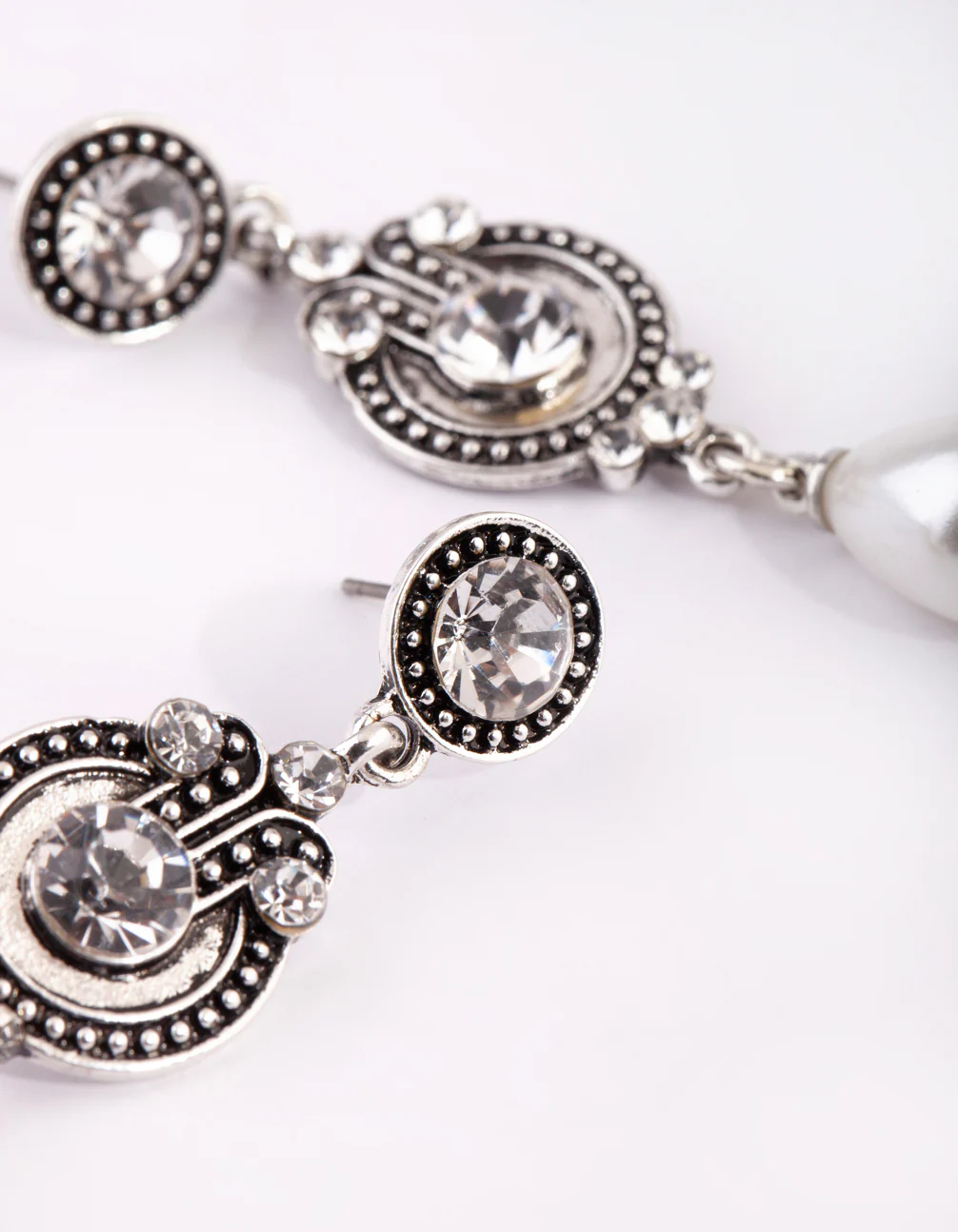 Silver Diamante & Pearl Drop Earrings - Image 3