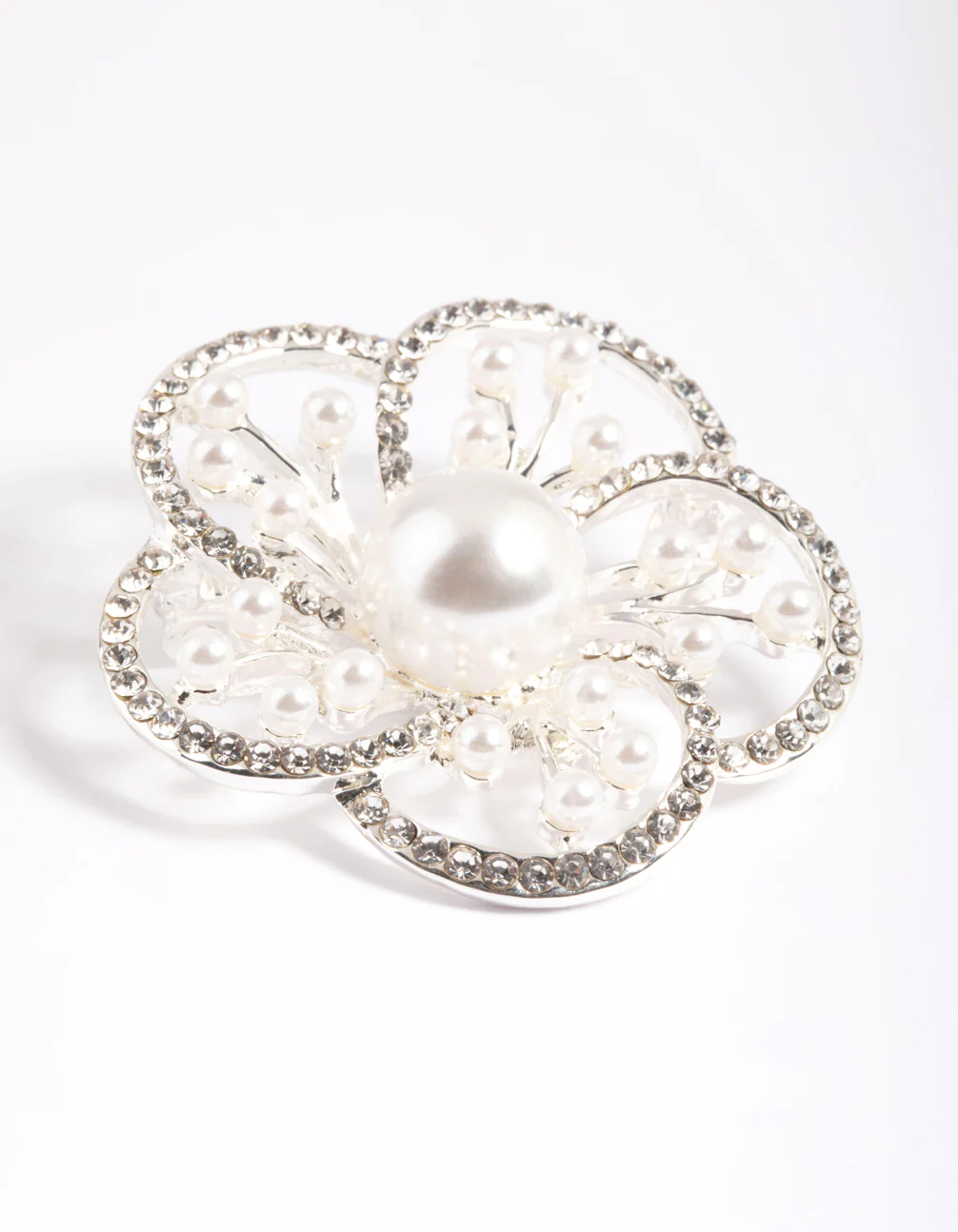 Silver Diamante Pearl Flower Brooch