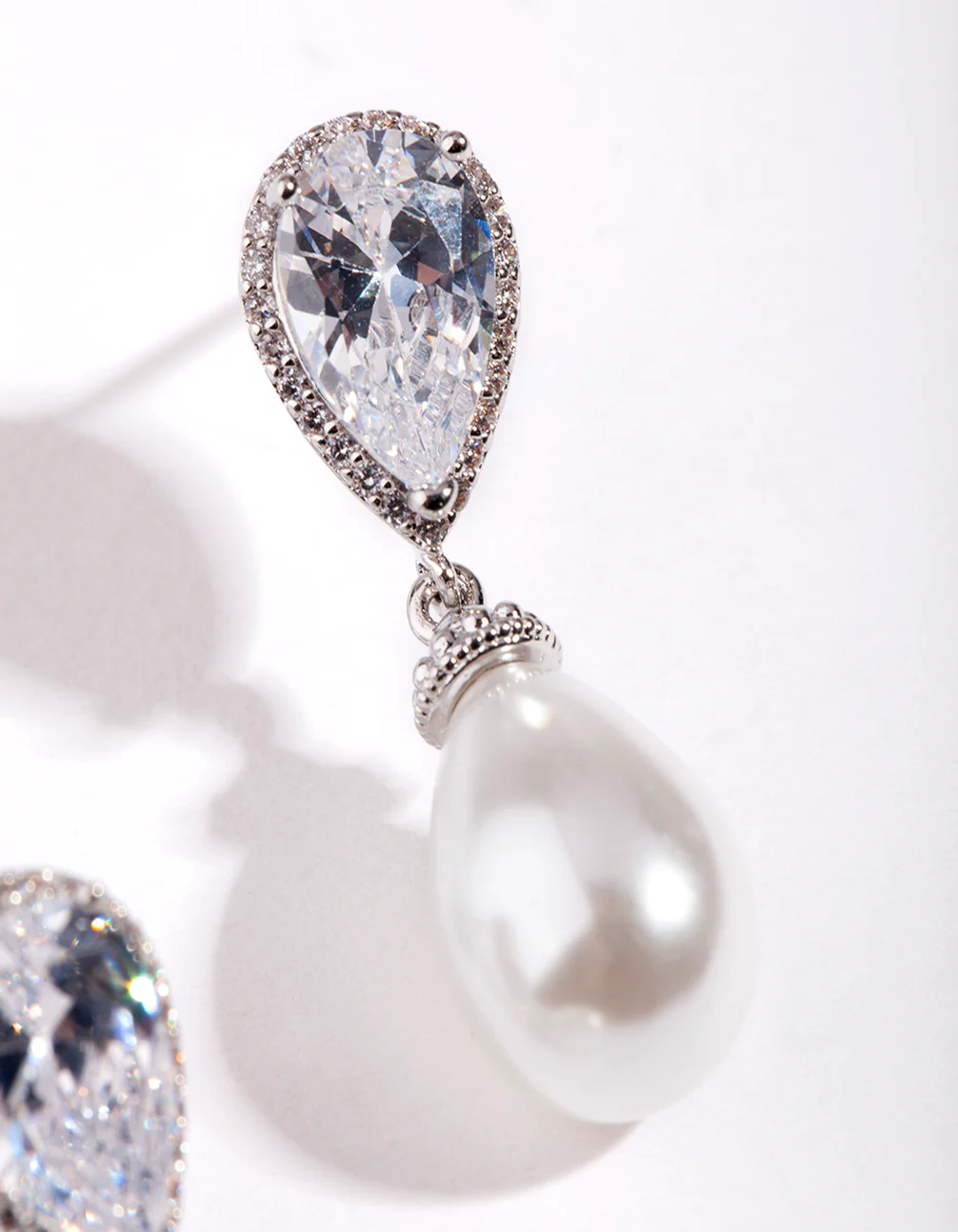 Silver Diamond Simulant Pearl Drop Earring - Image 3