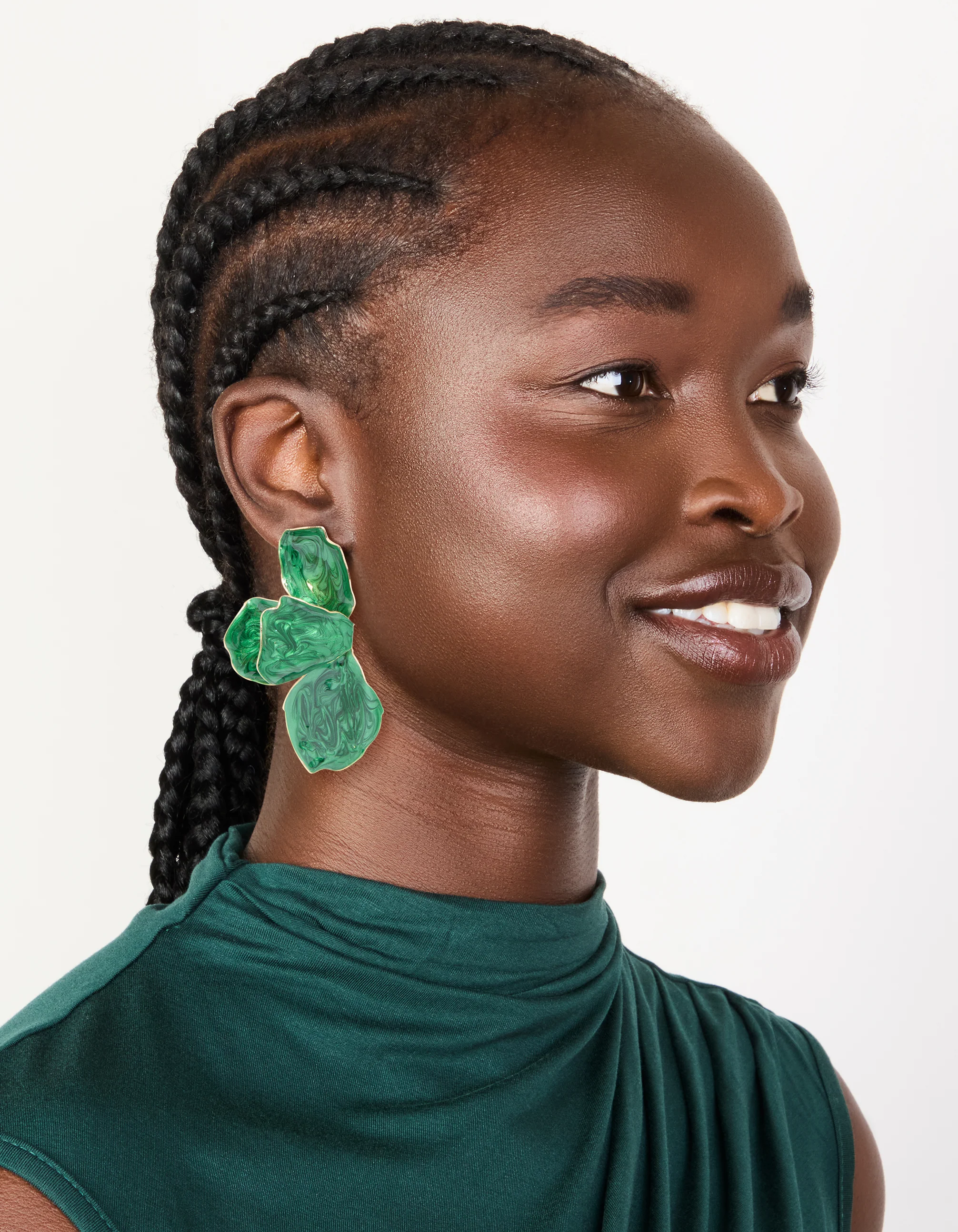 Emerald Green Coated Metal Half Flower Petal Drop Earrings - Image 3