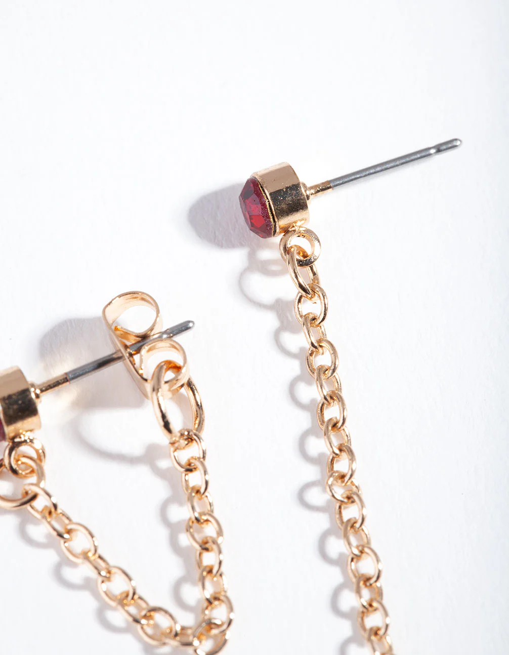 Gold Red Stone Chain Stud Earrings - Image 3