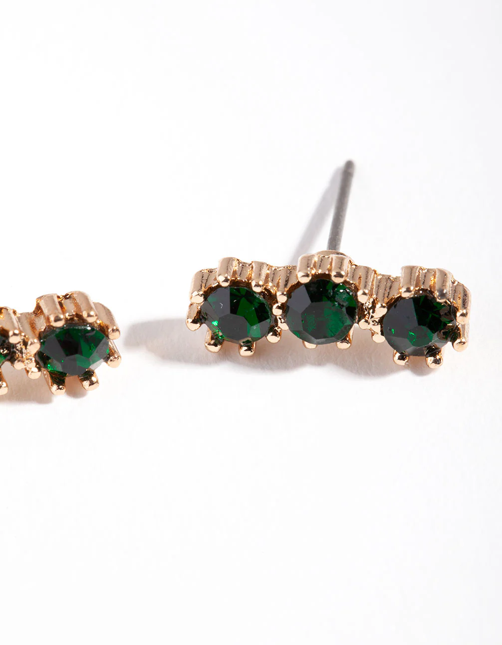 Gold Triple Green Stone Stud Earrings - Image 2