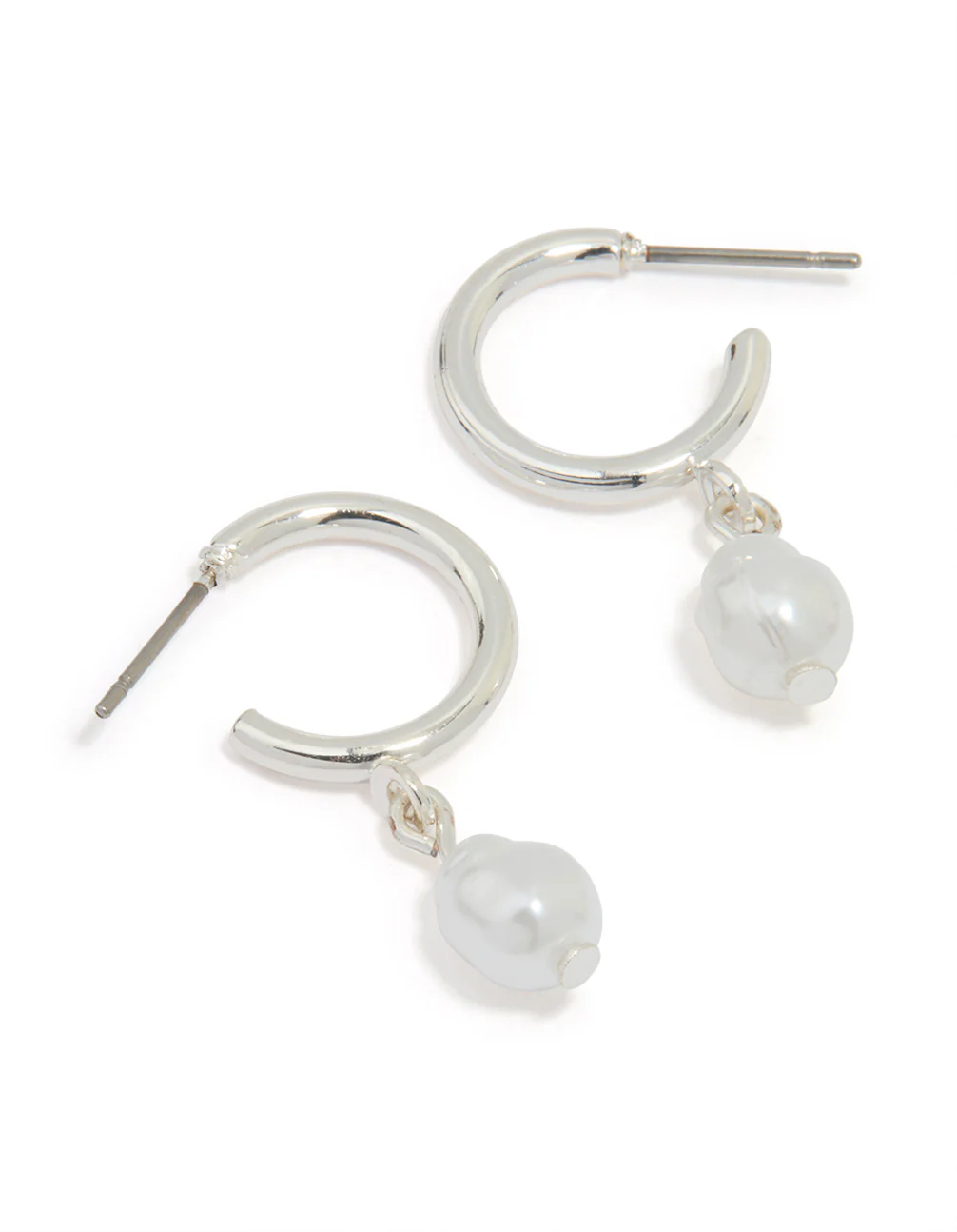 Silver Pearl Drop Huggie Earrings - Image 2