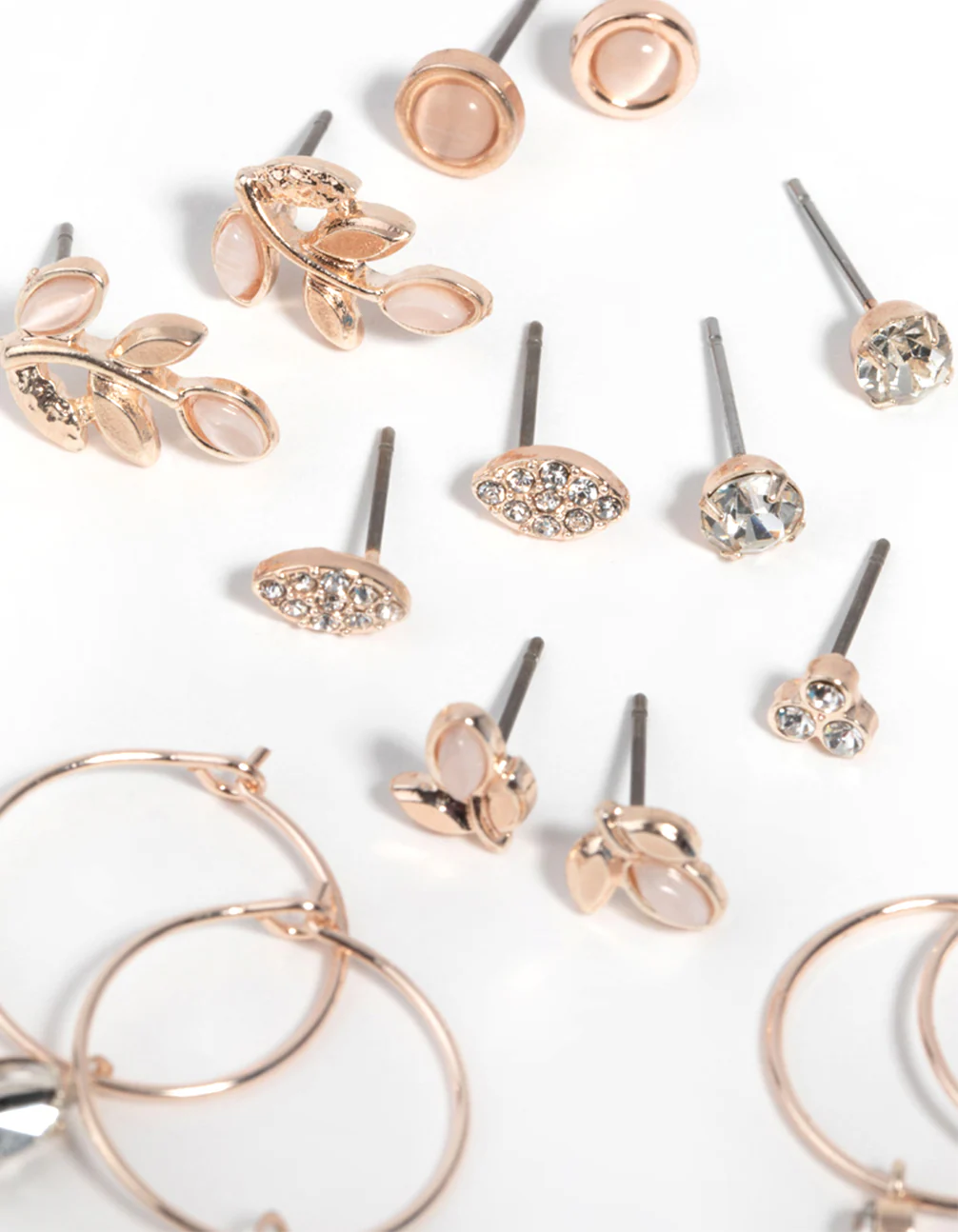 Rose Gold Diamante & Leaf Stud Earring 8-Pack - Image 2