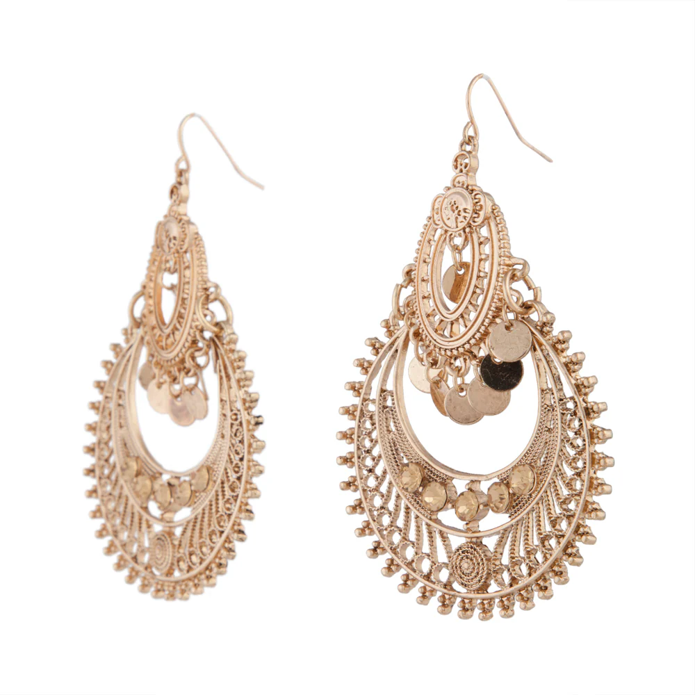 Etched Antique Gold Disc Chandbali Earrings - Image 3