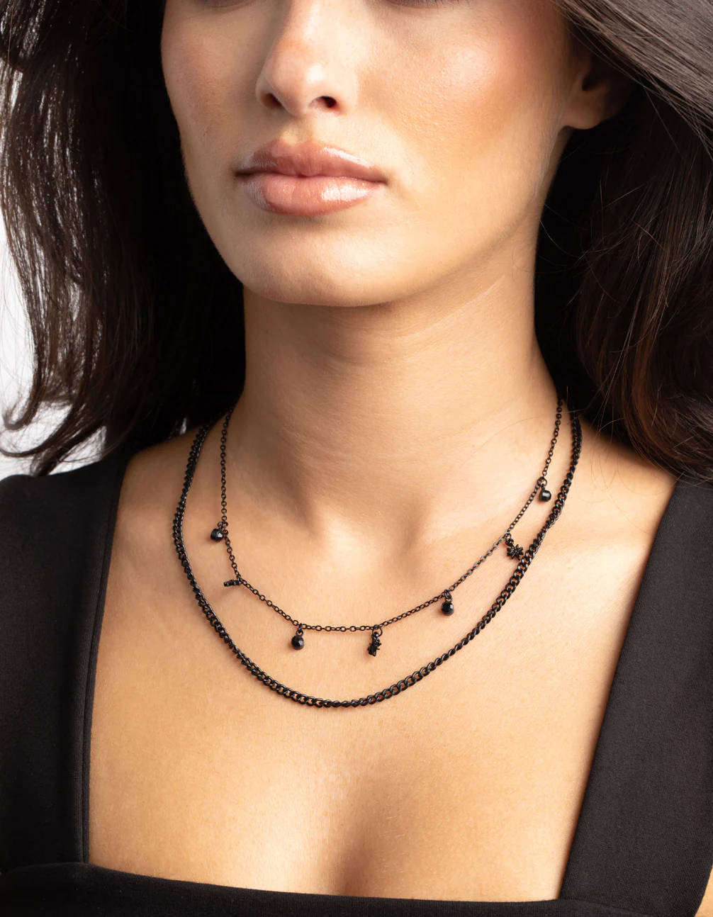Matte Black Star & Diamante Layered Necklace - Image 2