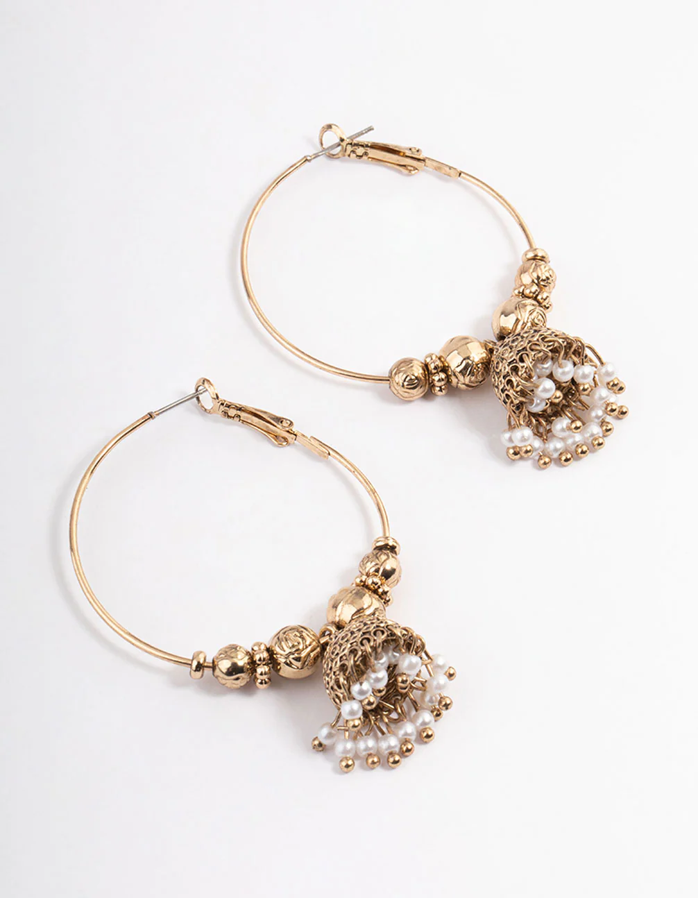Antique Gold Pearl Hoop Jhumka Earrings - Image 3