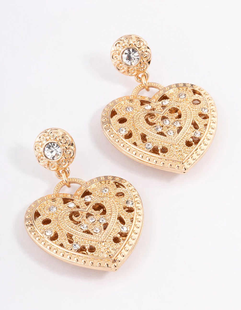 Gold Diamante Heart Filigree Drop Earrings
