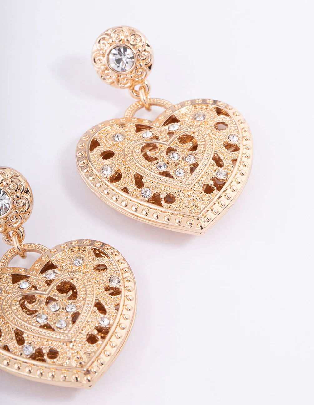 Gold Diamante Heart Filigree Drop Earrings - Image 3
