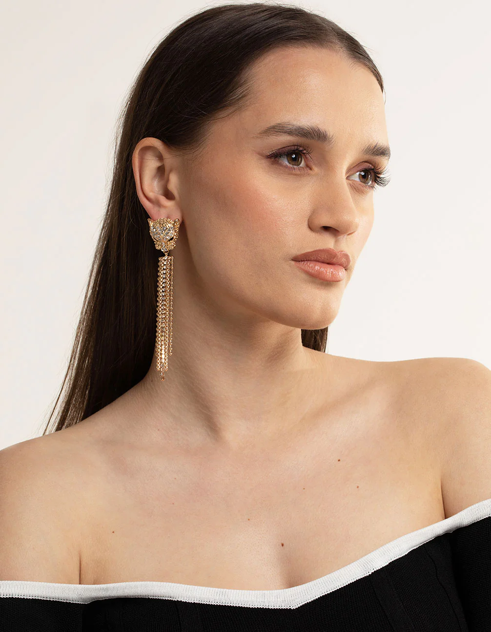 Gold Diamante Panther Cupchain Earrings - Image 2