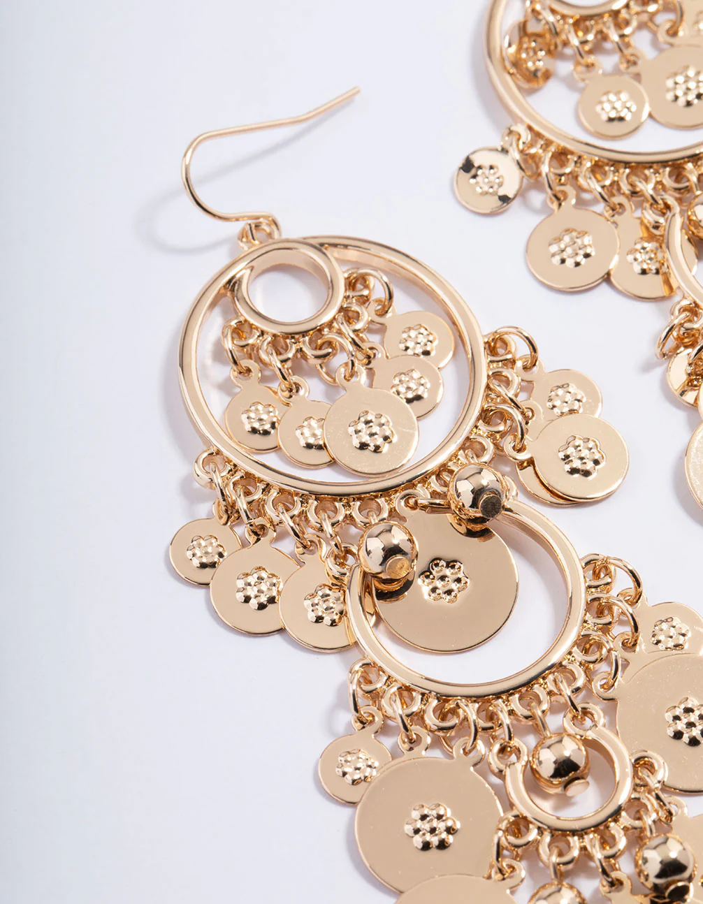 Gold Disc Round Tassel Drop Earrings - Image 2