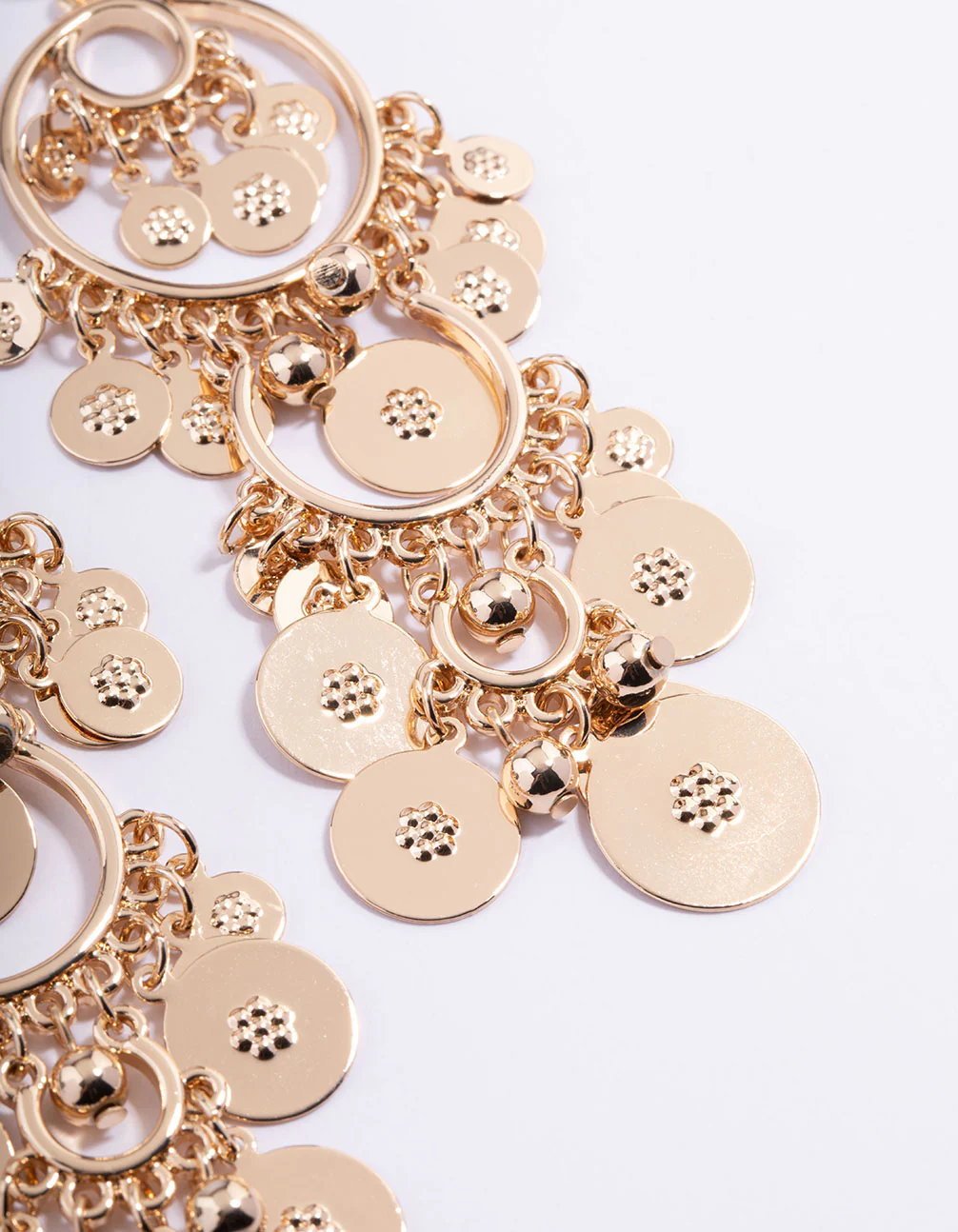 Gold Disc Round Tassel Drop Earrings - Image 3