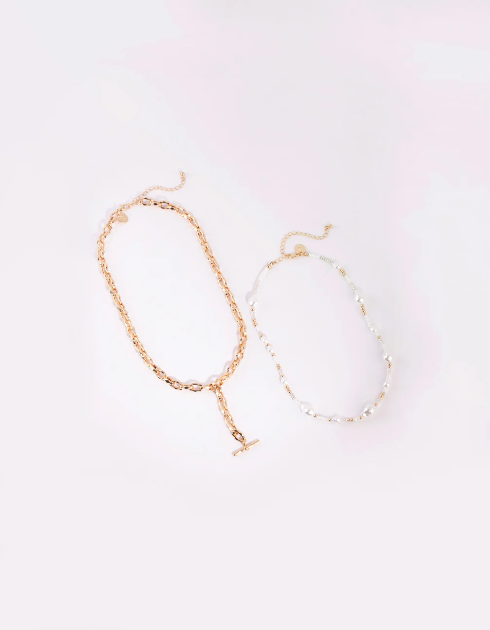Gold & White Pearl Chain Fob Necklace - Image 2