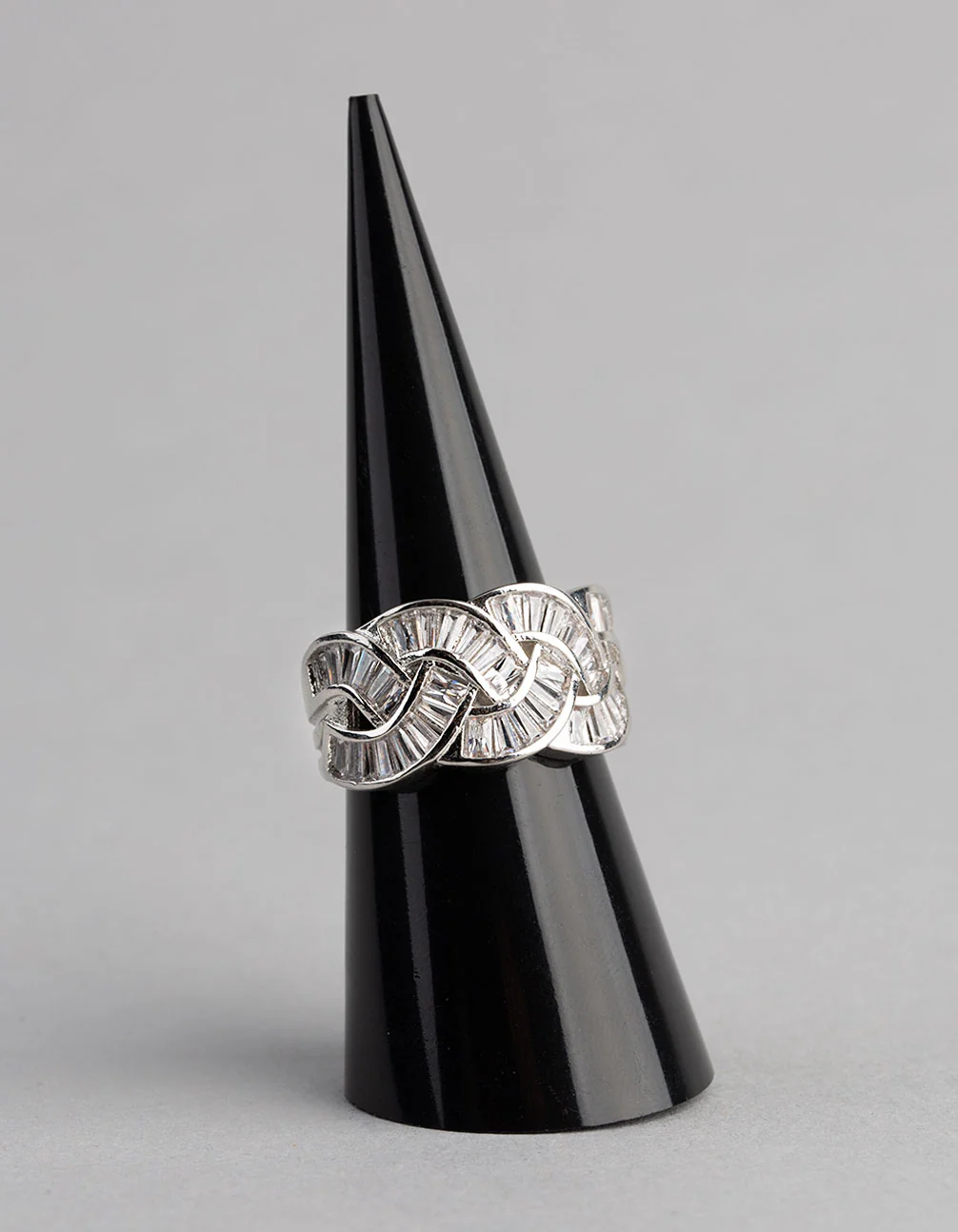 Rhodium Cubic Zirconia Baguette Stone Plaited Ring