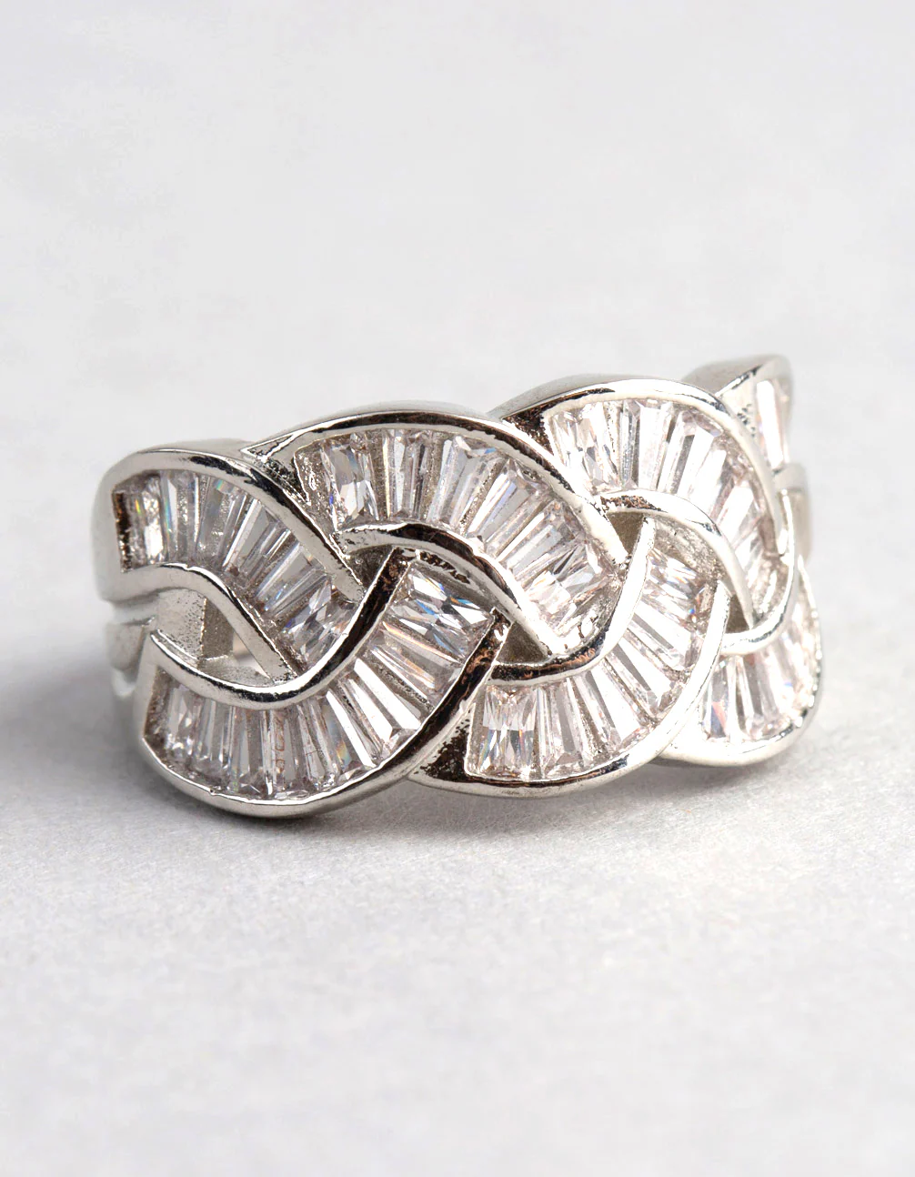 Rhodium Cubic Zirconia Baguette Stone Plaited Ring - Image 2
