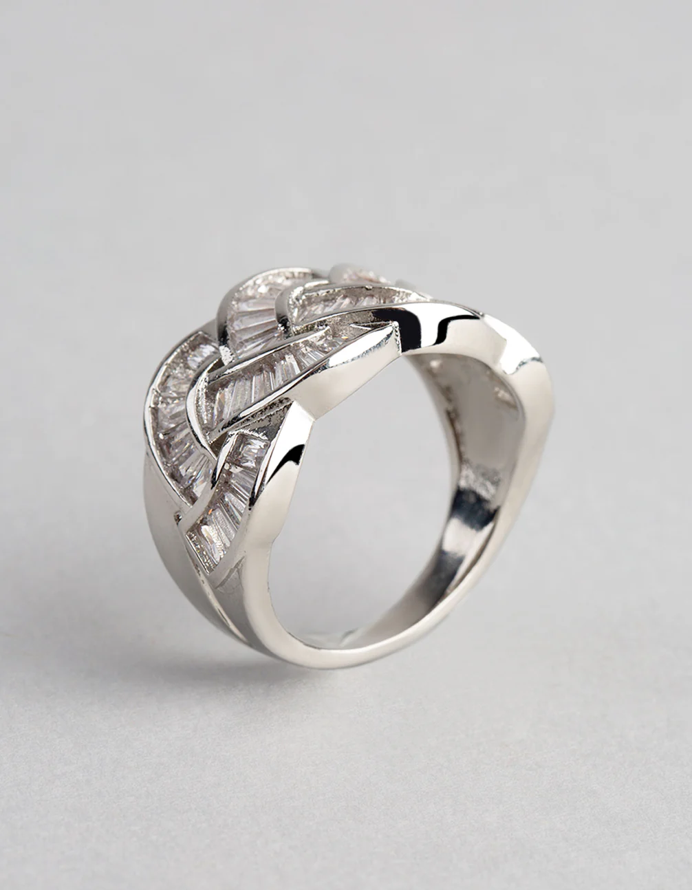 Rhodium Cubic Zirconia Baguette Stone Plaited Ring - Image 3