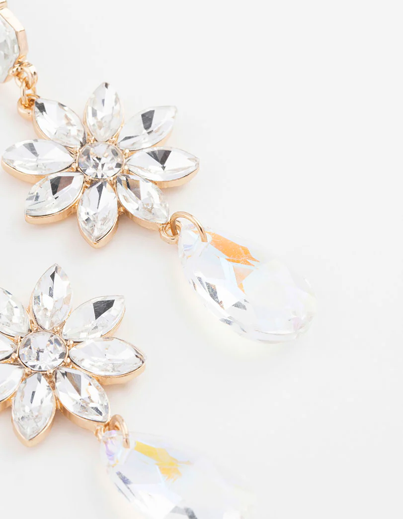 Gold Flower Pear Drop Earrings - Image 3