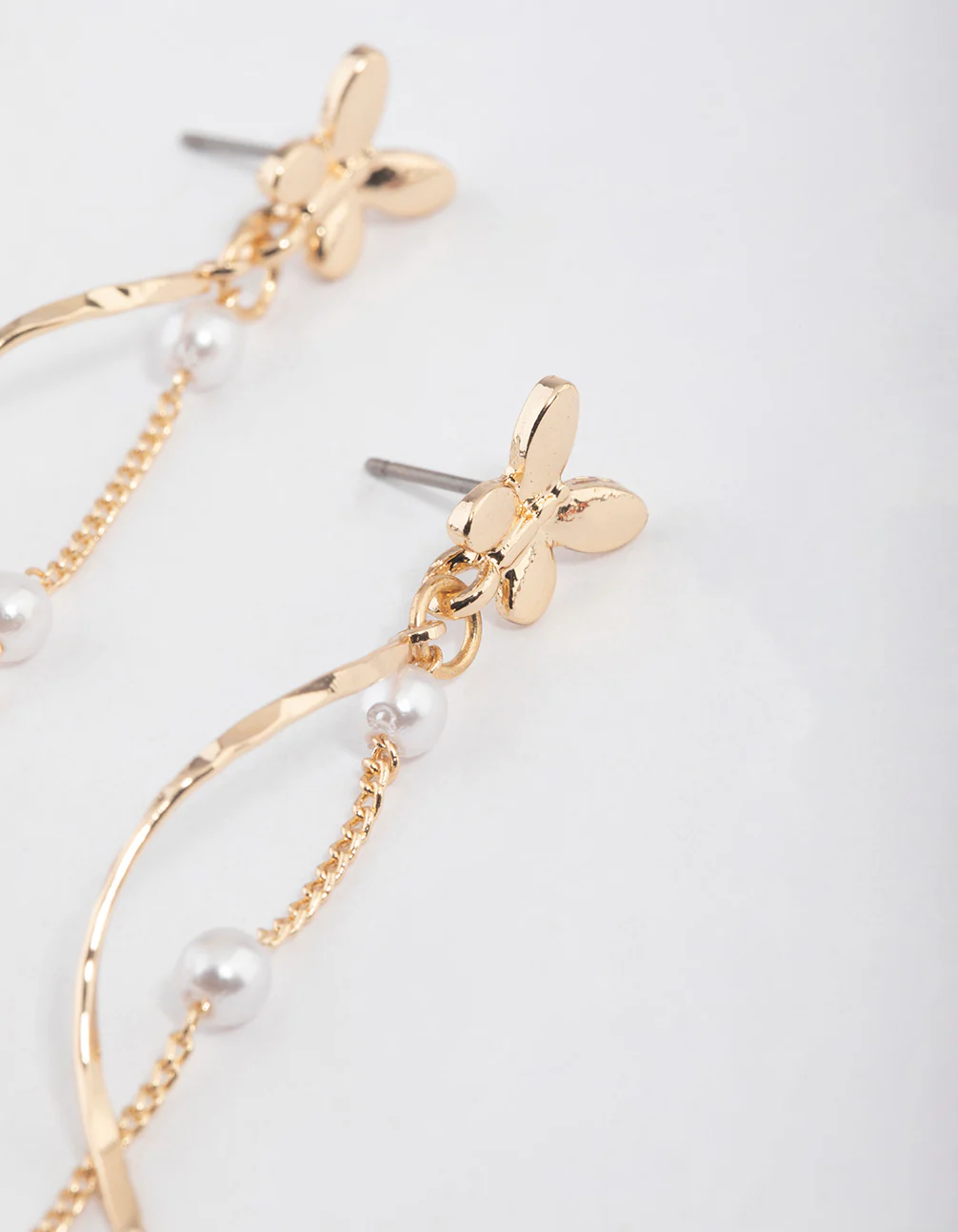 Gold Butterfly Pearl Twisted Drop Earrings - Image 2