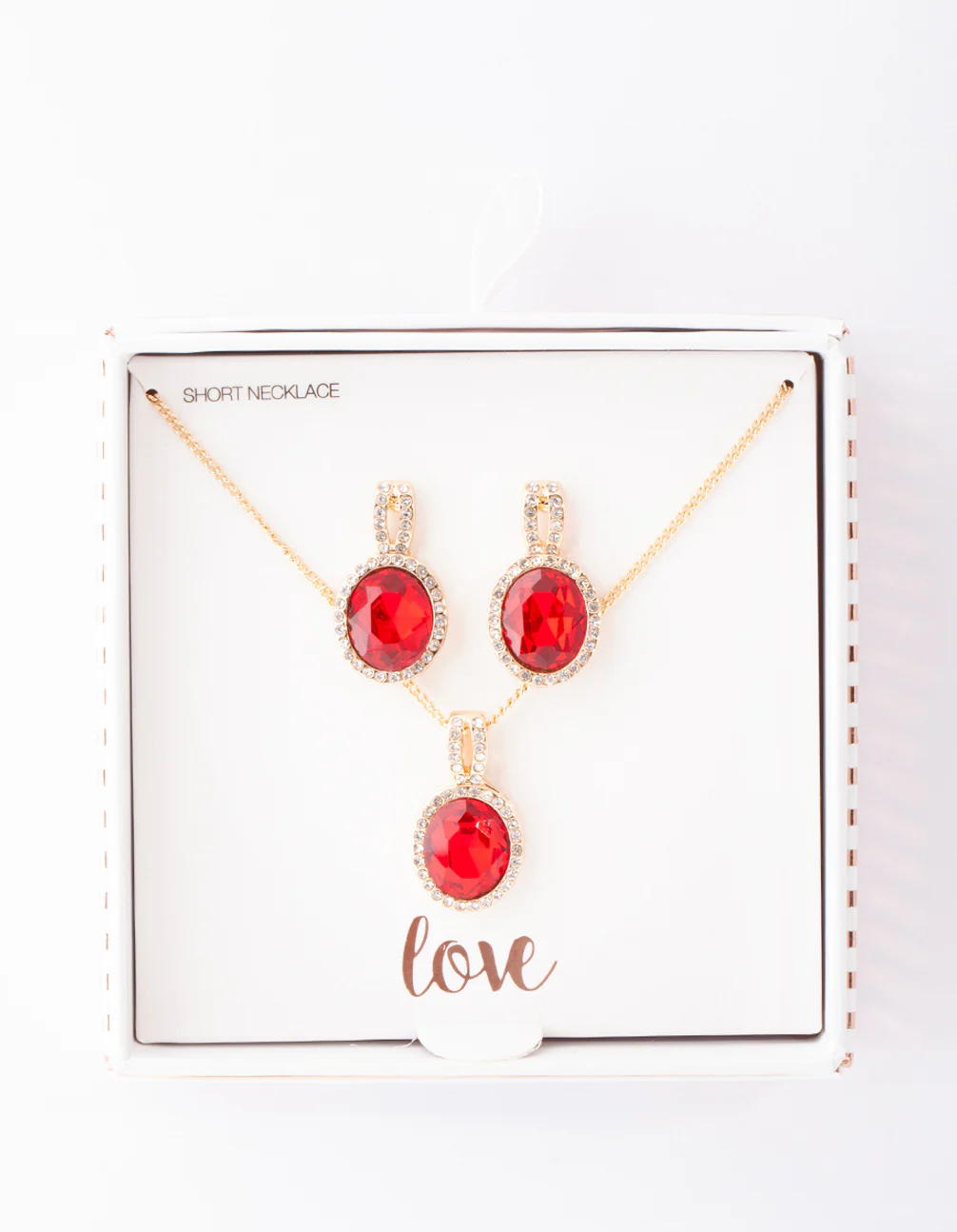 Gold Red Halo Necklace & Earrings Set