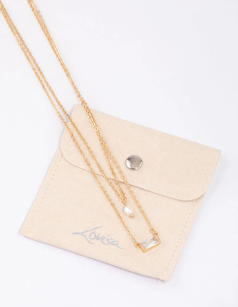 Gold Baguette Pearl Layered Necklace & Polishing Set - Image 2