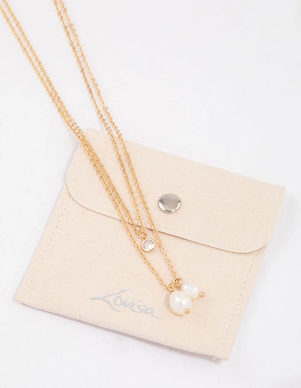 Gold Double Freshwater Pearl Diamante Necklace & Polishing Set - Image 2