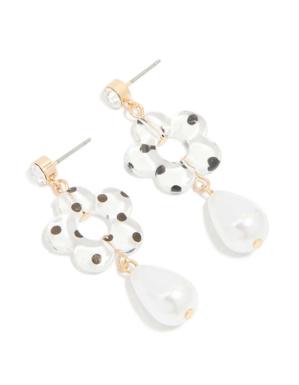 Gold Acrylic Diamante Flower & Pearl Drop Earrings