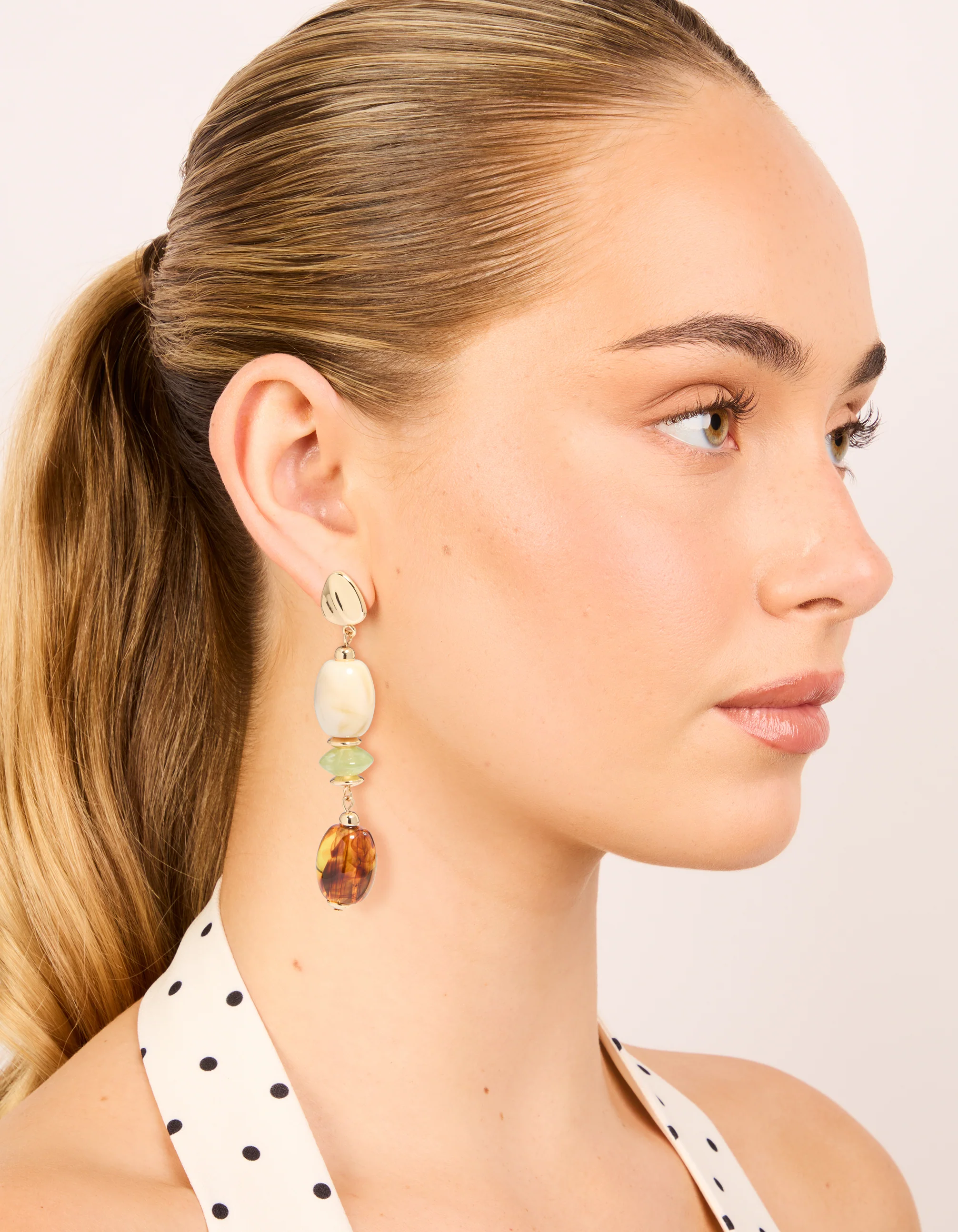 Gold & Acrylic Mixed Size Beaded Drop Earrings - Image 3