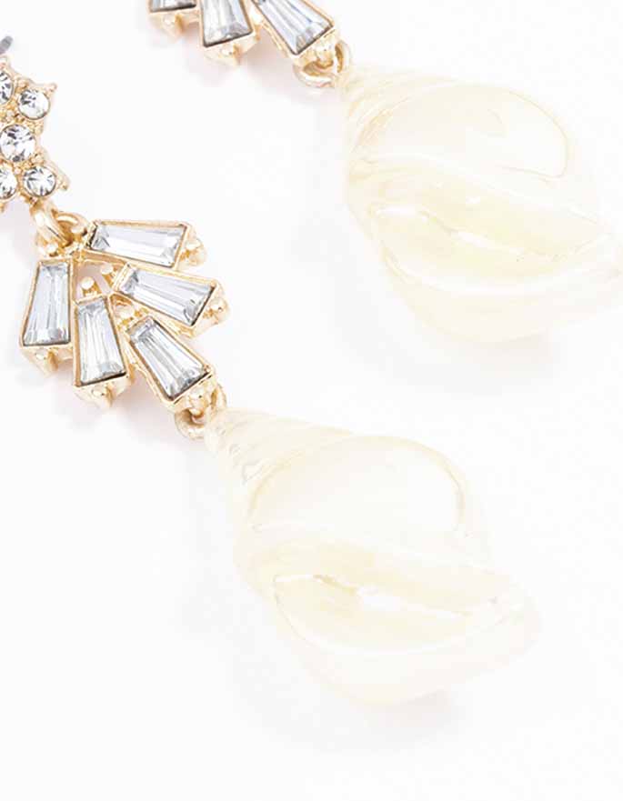 Gold Antique Diamante Shell Drop Earrings - Image 3