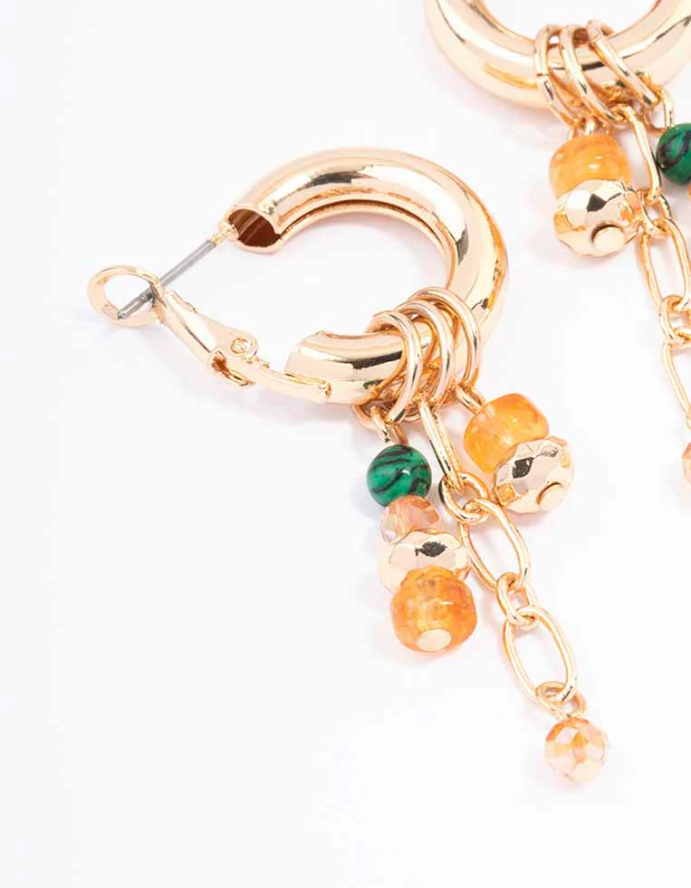 Gold Beaded Charm Chain Hoop Earrings - Image 2