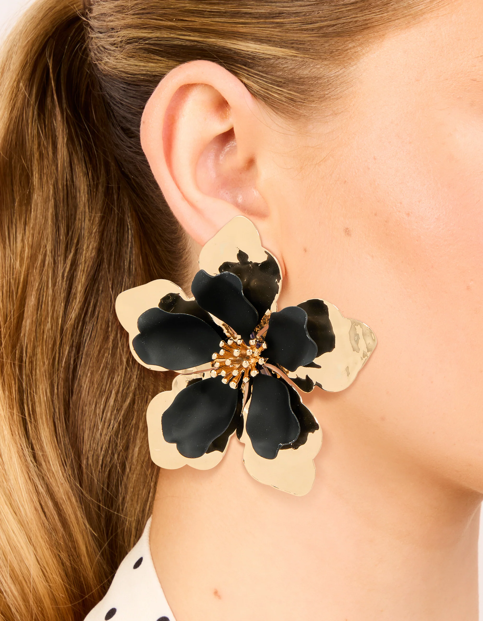 Gold Black Coated Metal Large Flower Stud Earrings - Image 6