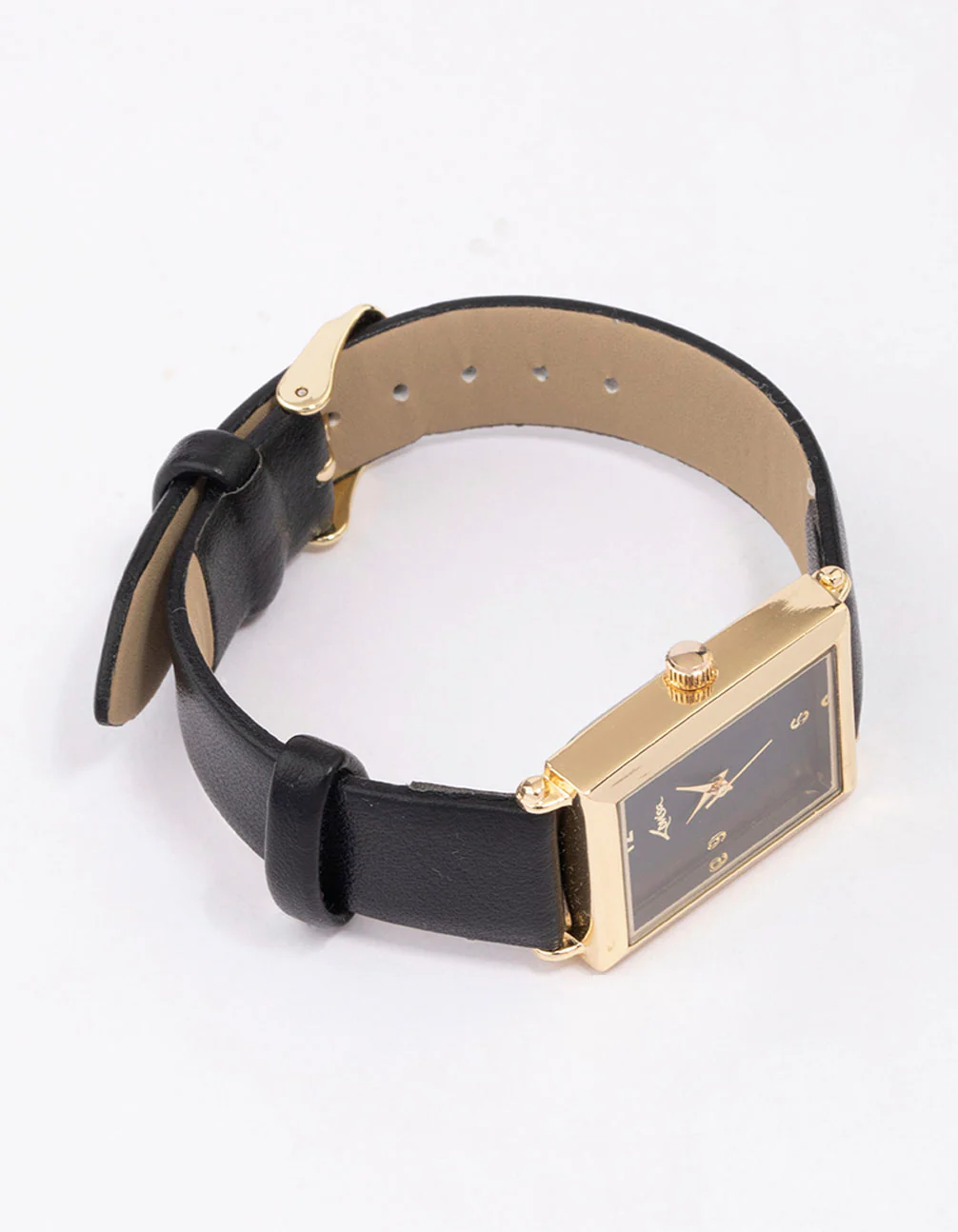 Gold & Black Faux Leather Rectangular Watch - Image 2