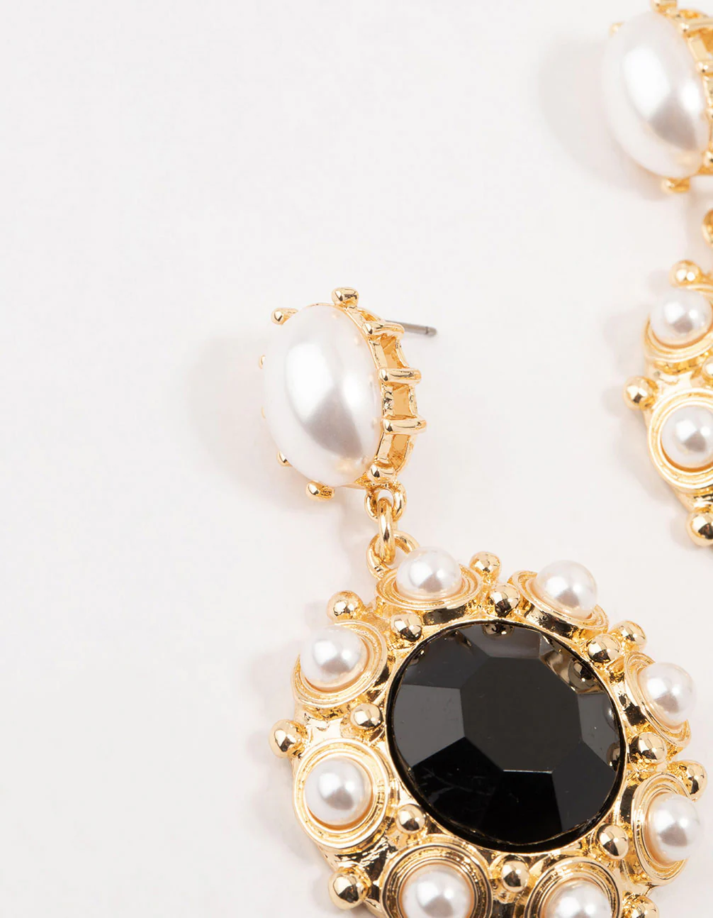 Gold & Black Pearl Stone Antique Drop Earrings - Image 2