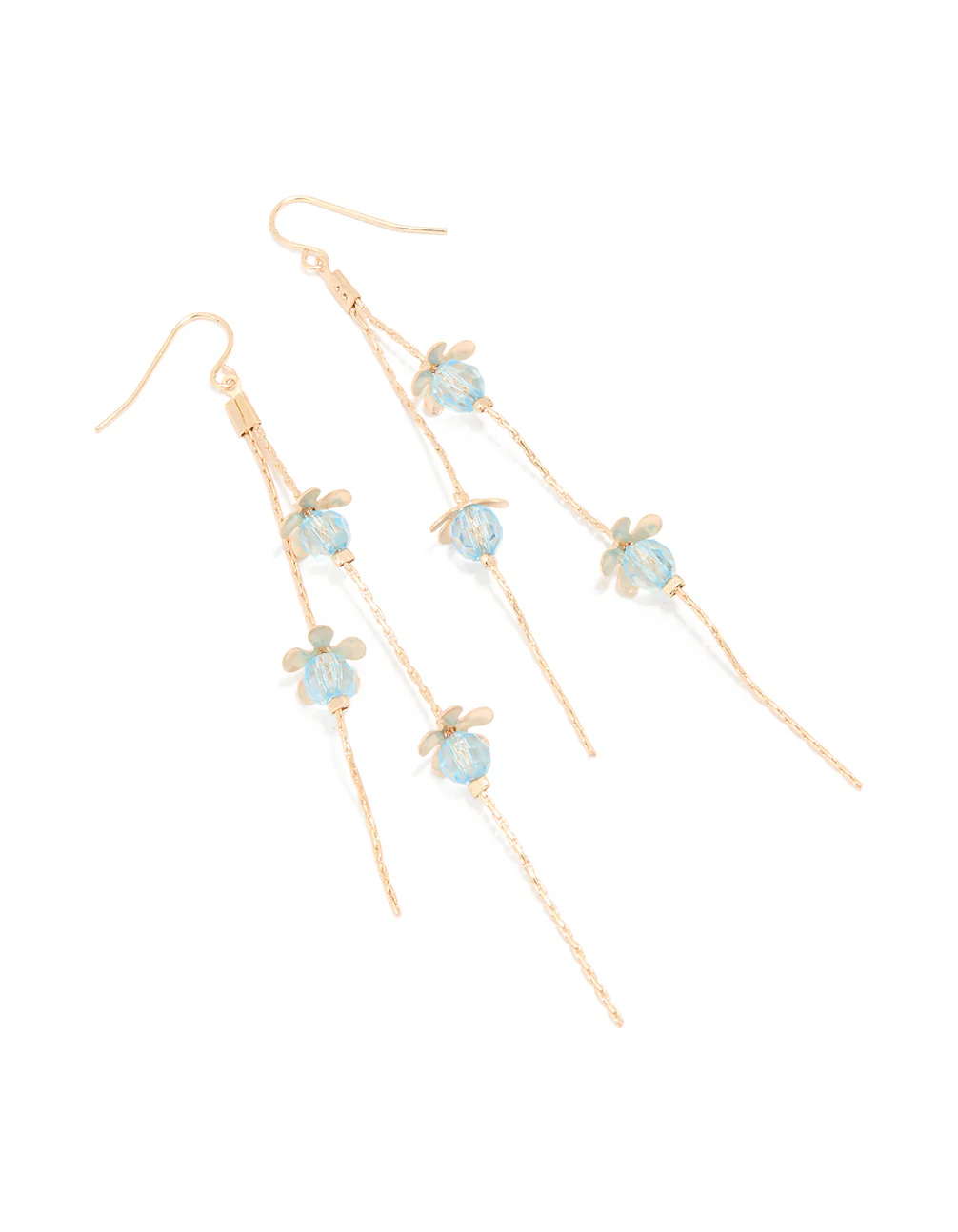 Gold Blue Beaded Flower Chain Drop Earrings
